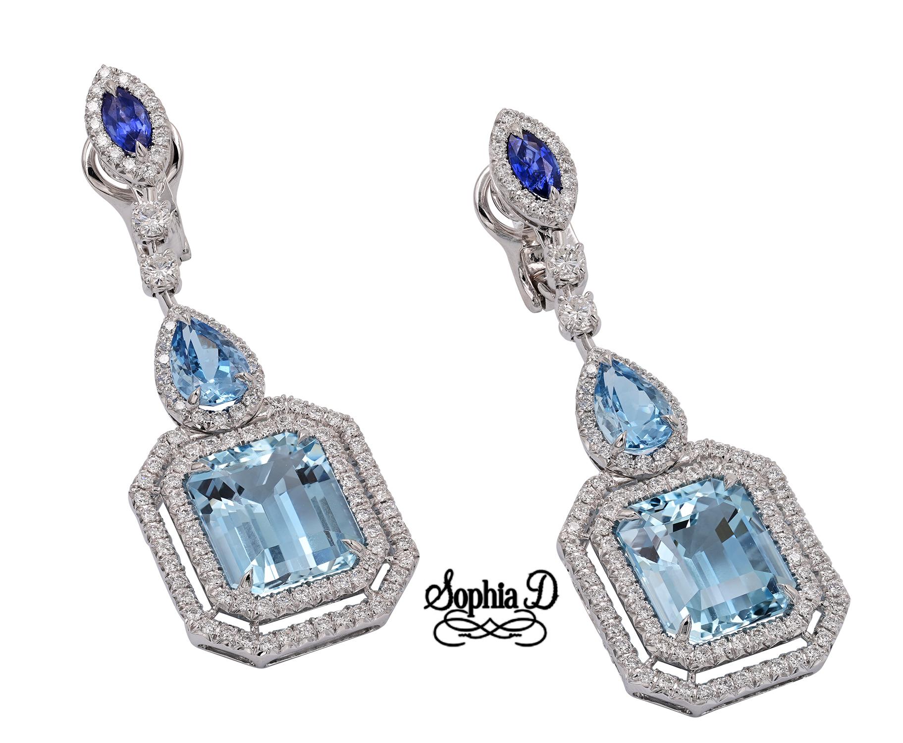 Beautifully crafted platinum earrings by Sophia D. that features a 16.27 carat aquamarine, 0.99 carat blue sapphire and 2.21 carat diamond.

Sophia D by Joseph Dardashti LTD has been known worldwide for 35 years and are inspired by classic Art Deco