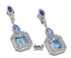 Sophia D. 16.27 Carat Aquamarine, Sapphire and Diamond Platinum Earrings