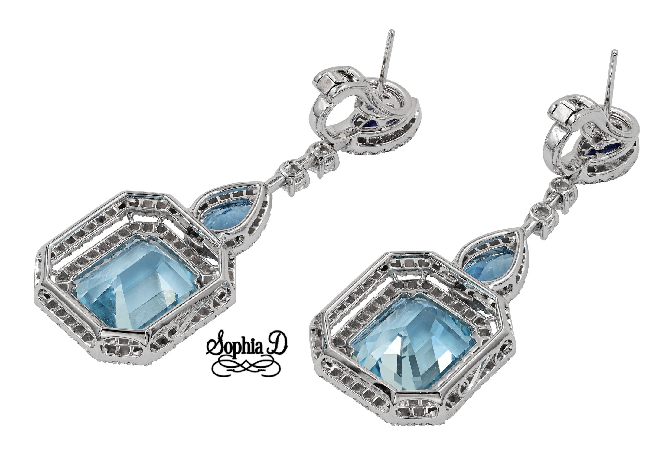 Art Deco Sophia D. 16.27 Carat Aquamarine, Sapphire and Diamond Platinum Earrings For Sale