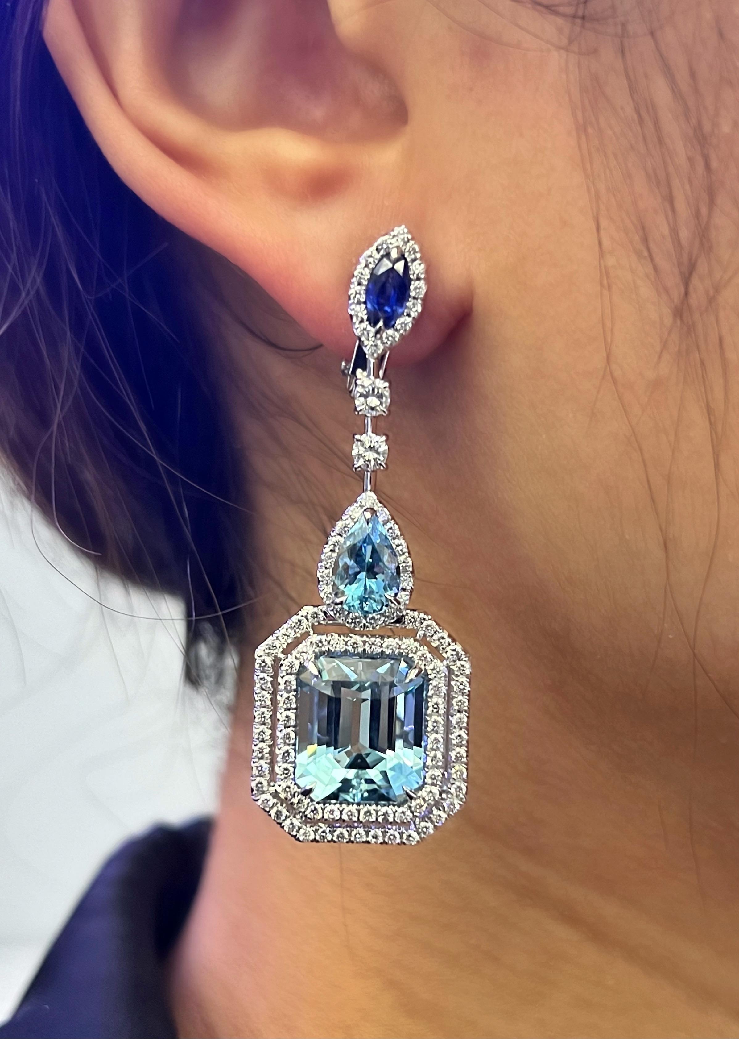 Emerald Cut Sophia D. 16.27 Carat Aquamarine, Sapphire and Diamond Platinum Earrings For Sale