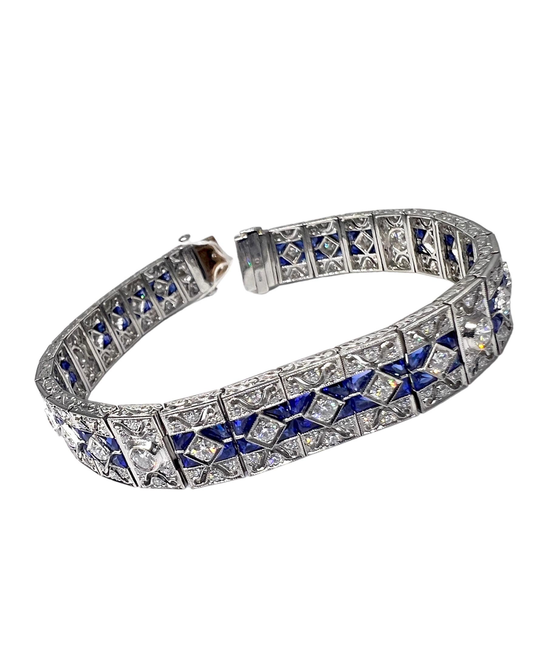 Round Cut Sophia D. 17.90 Carat Blue Sapphire and Diamond Art Deco Bracelet For Sale