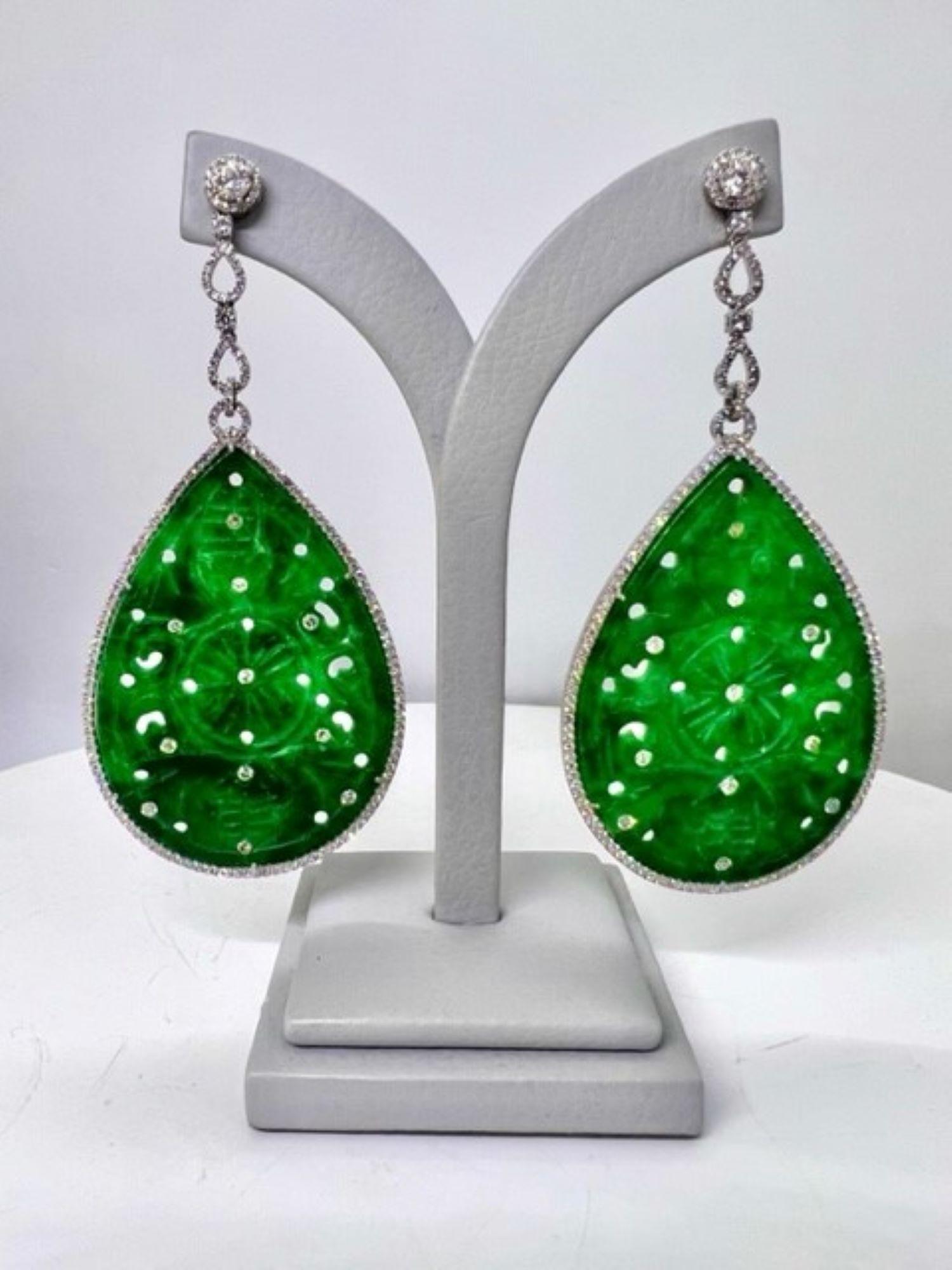 Round Cut Sophia D. 18.57 Carat Jade and Diamond Earrings For Sale