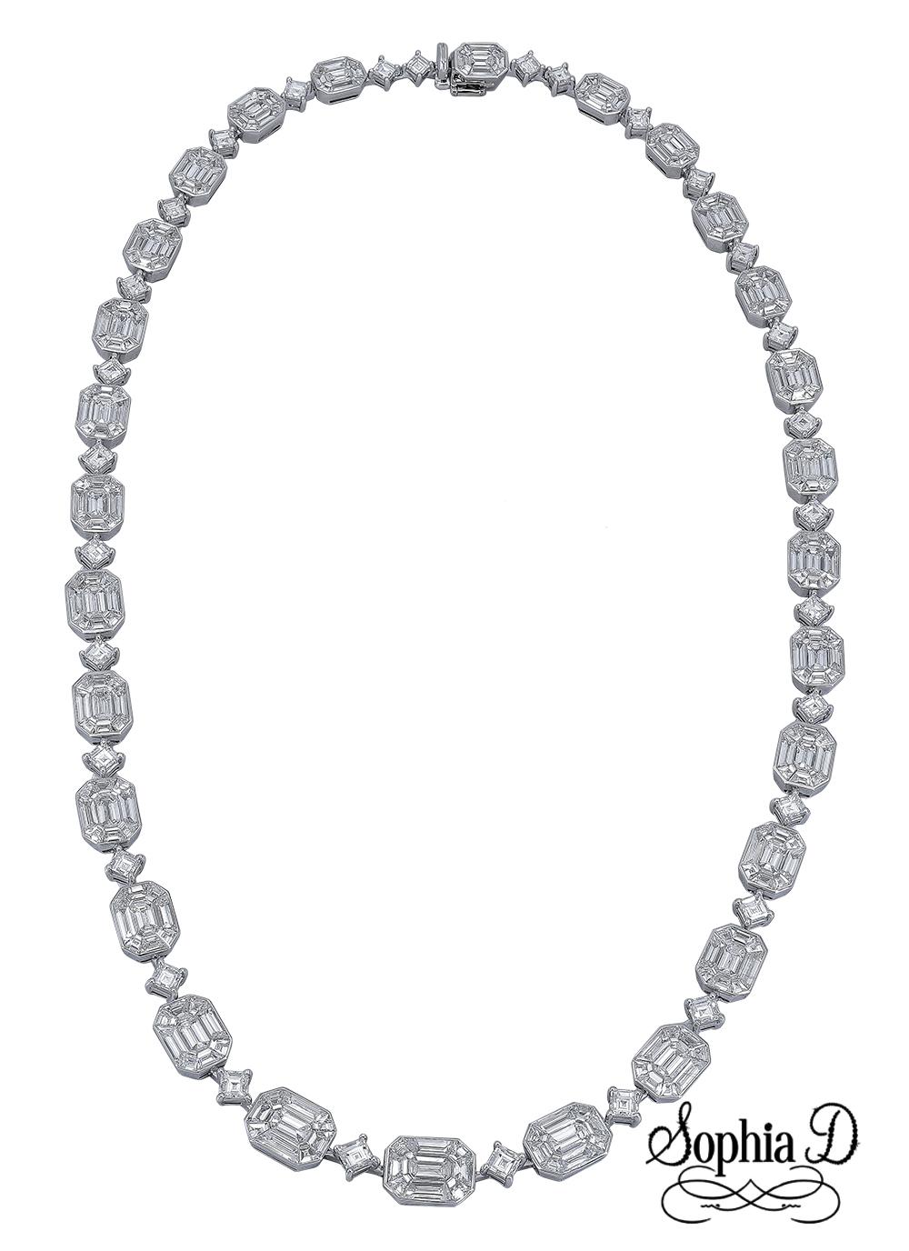 Questa collana Sophia D. mette in mostra un mix di 4,47 carati di diamanti meticolosamente selezionati, incastonati in una raffinata montatura in platino. Il design della collana mette in risalto la brillantezza e la chiarezza delle pietre, con un