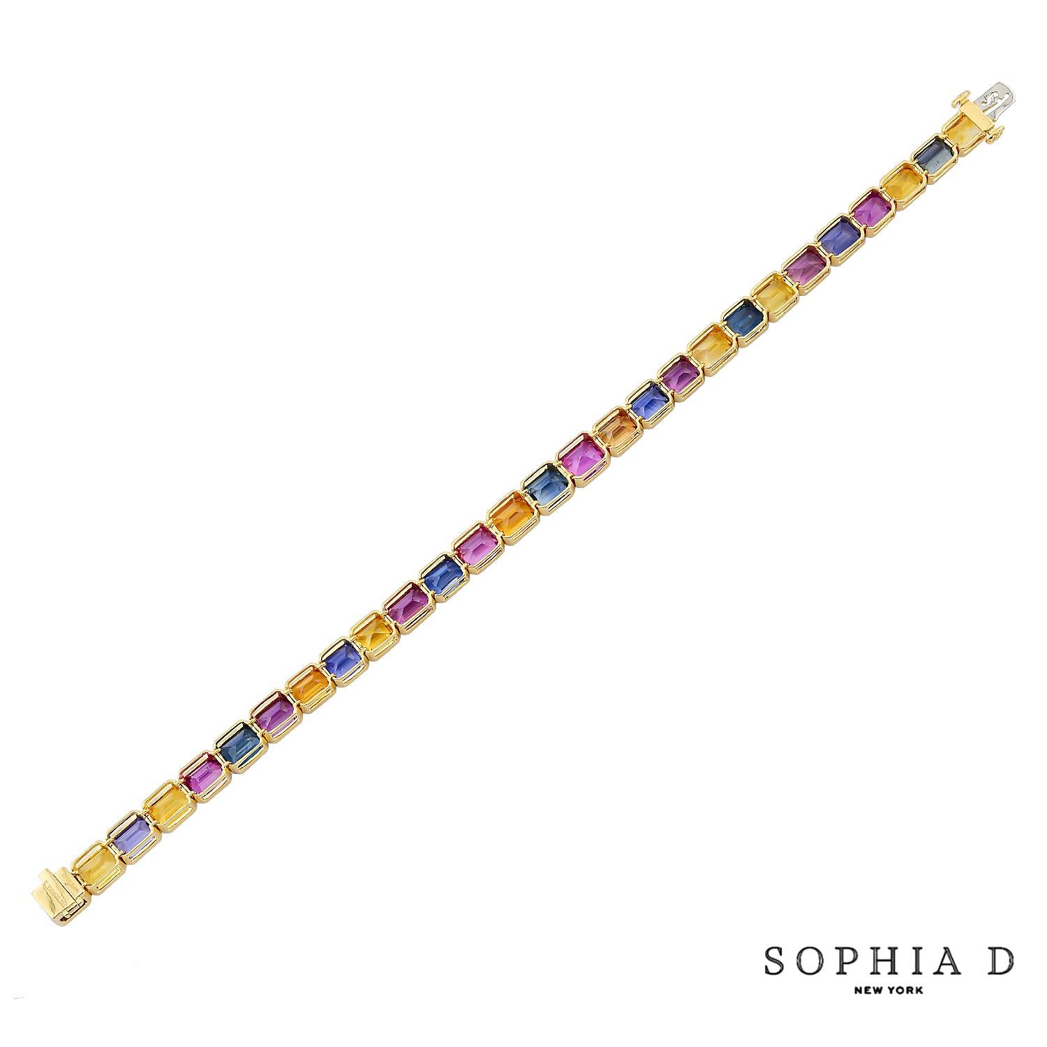 Taille émeraude Sophia D. Bracelet en or jaune 18 carats avec saphirs multicolores 29,46 carats en vente