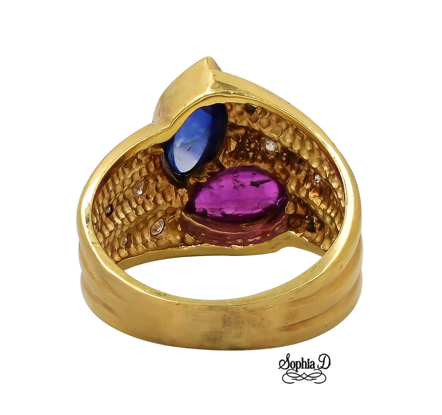 Art Deco Sophia D. 18K Yellow Gold Blue Sapphire and Ruby Ring For Sale