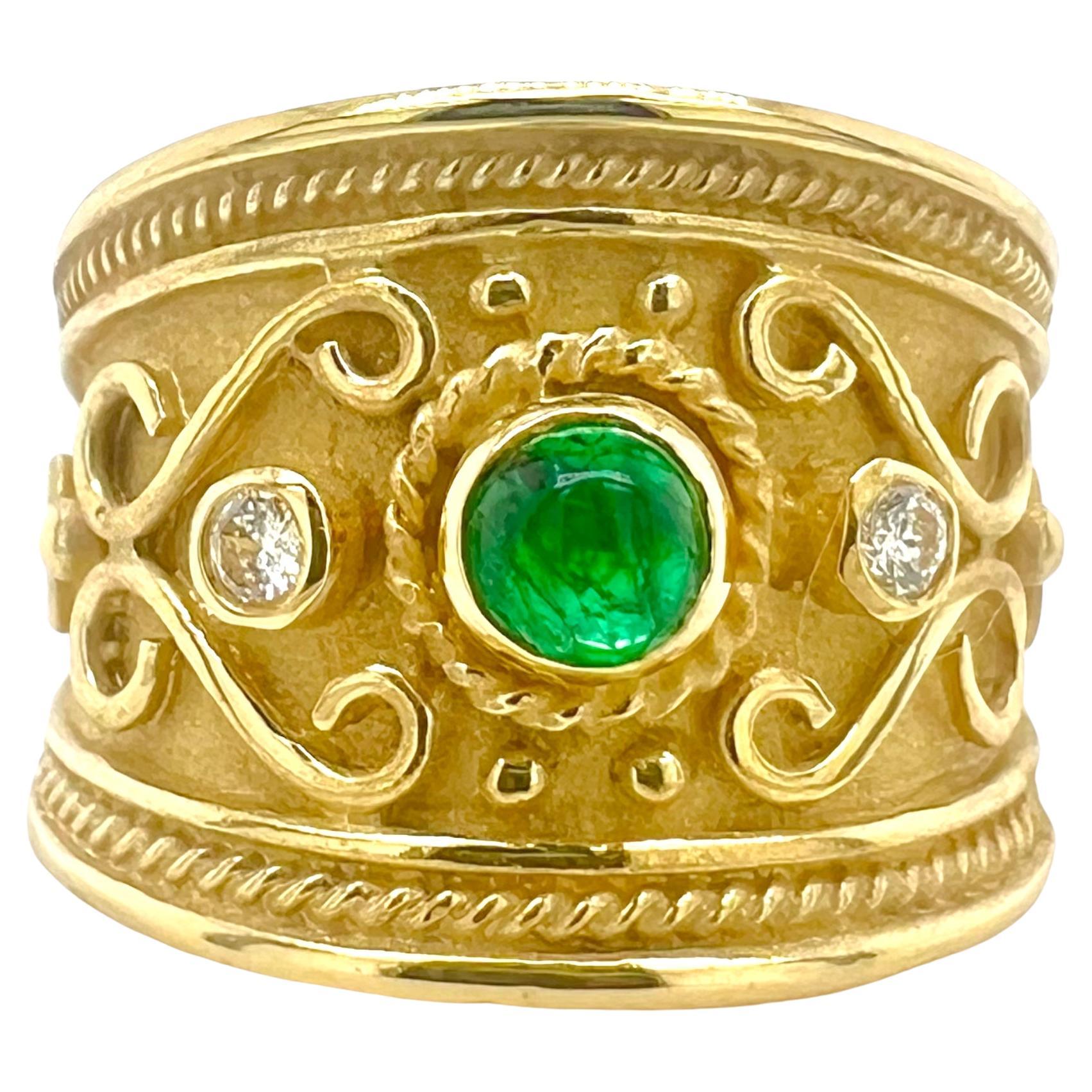 Sophia D. 18K Yellow Gold Emerald and Diamond Etruscan Style Ring