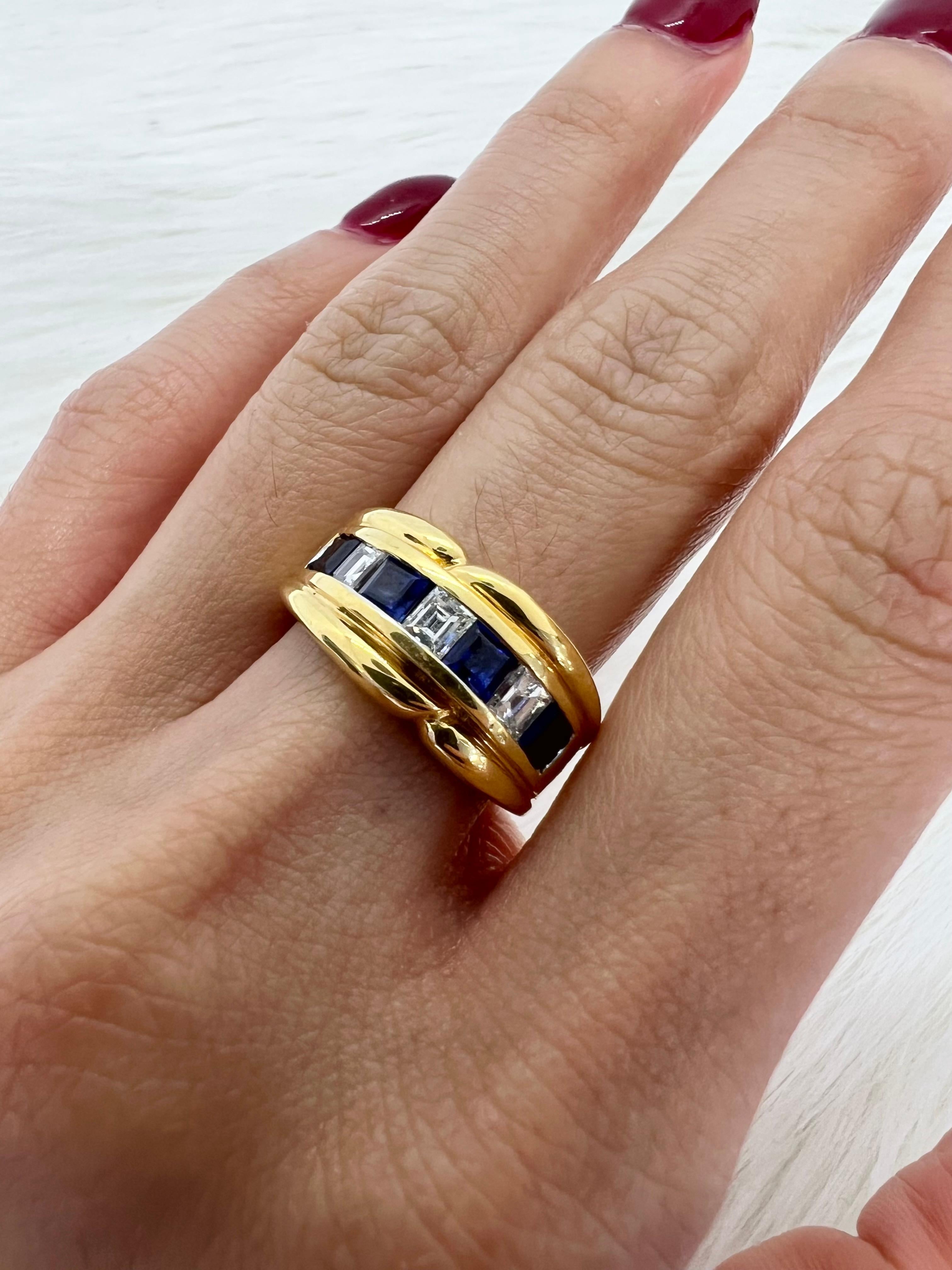 Square Cut Sophia D. 18K Yellow Gold Ring with Blue Sapphire and Diamonds For Sale