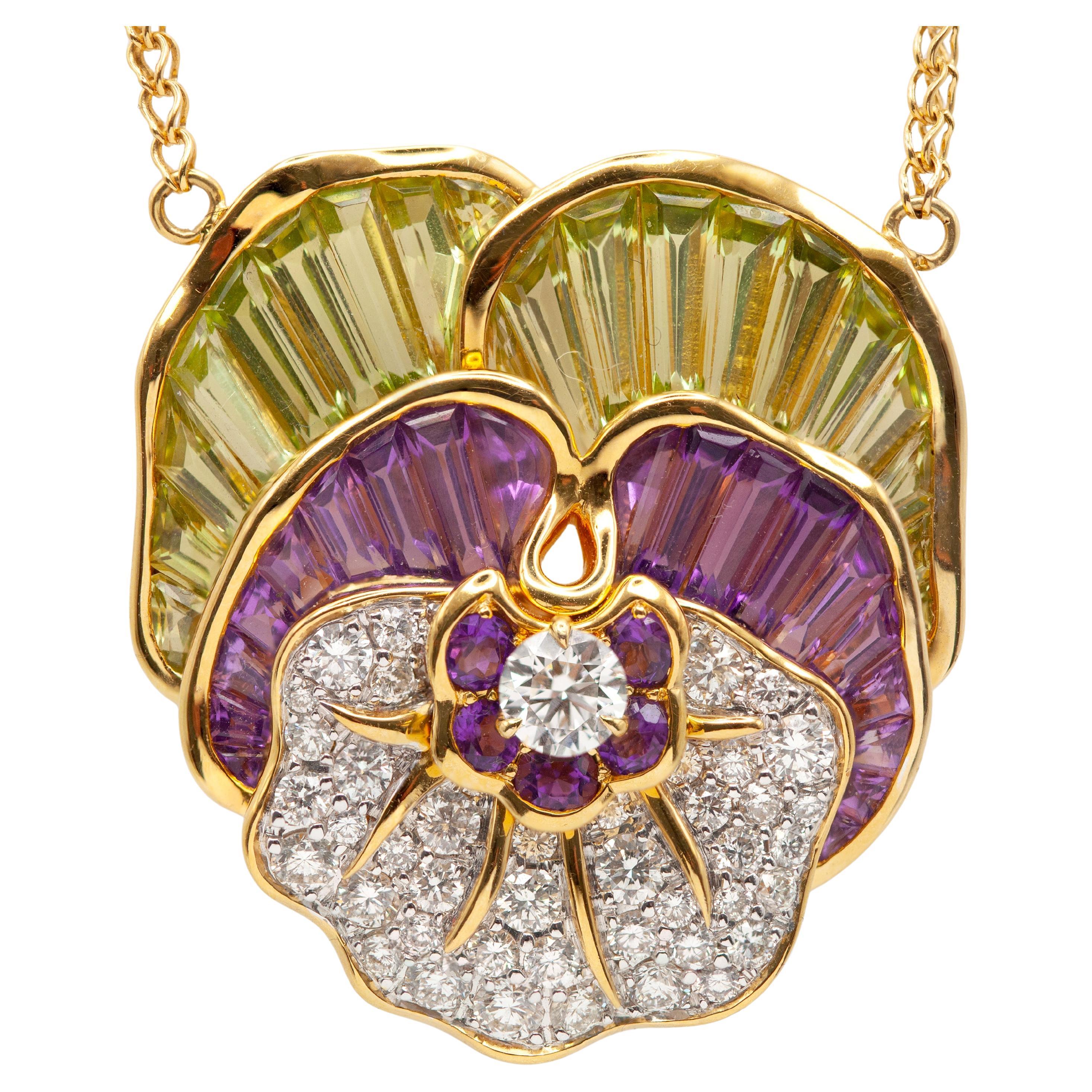 Sophia. D 18K YG Diamond Amethyst Peridot Sculptural Floral Pendant Necklace