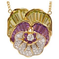 Sophia. D 18K YG Diamond Amethyst Peridot Sculptural Floral Pendant Necklace