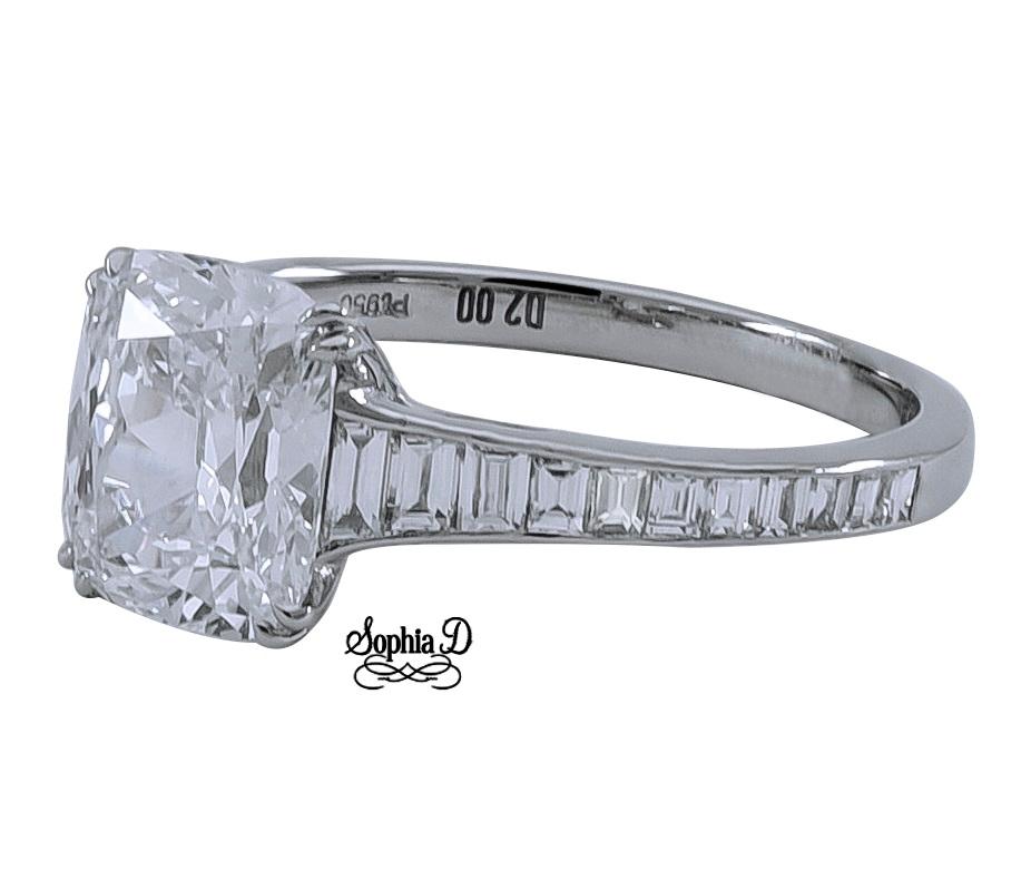 Cushion Cut Sophia D. 2.00 Carat Diamond Engagement Ring in Platinum Setting For Sale