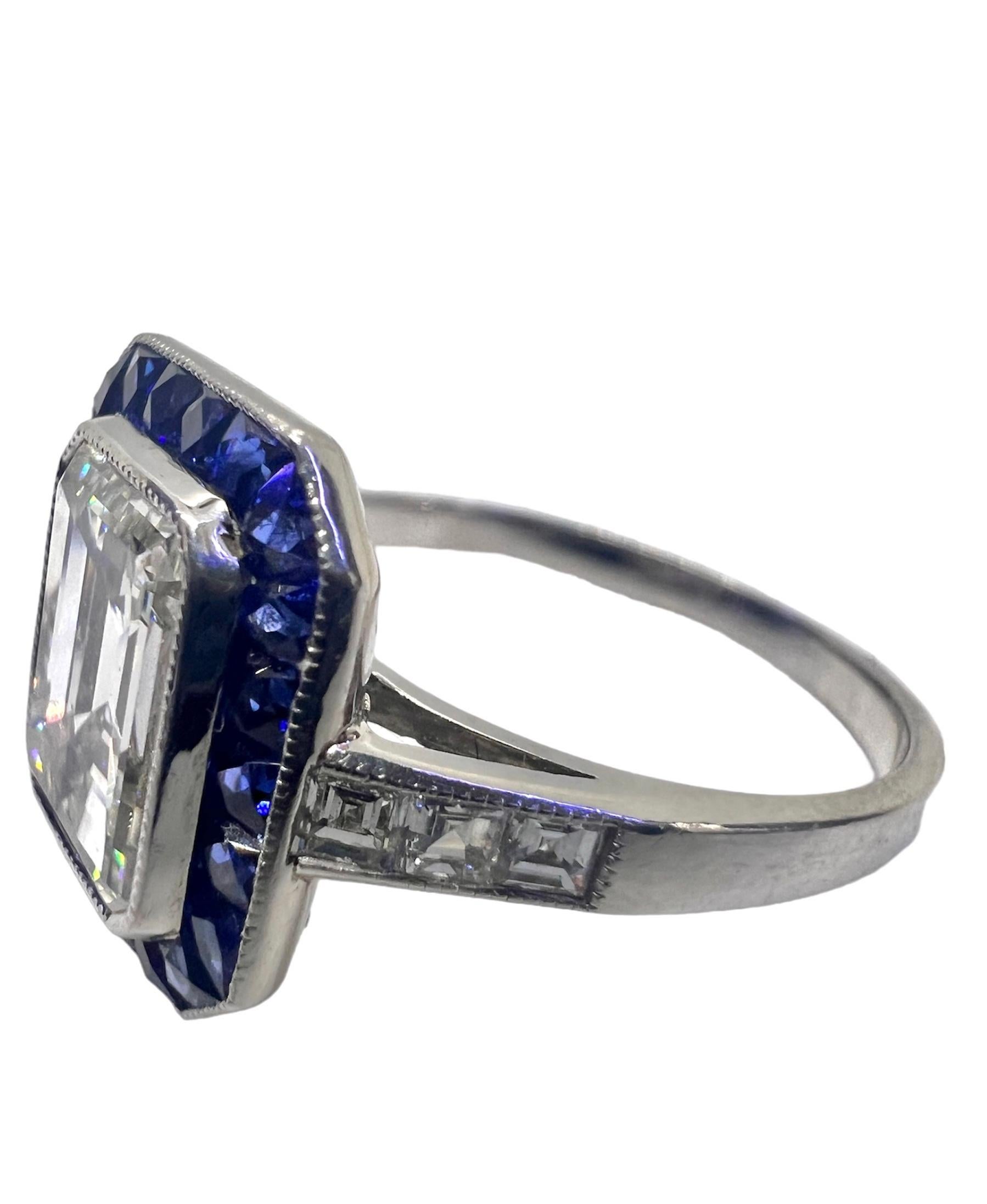 Sophia D. 2.03 Carat Emerald Cut Diamond and Sapphire Art Deco Platinum Ring In New Condition For Sale In New York, NY