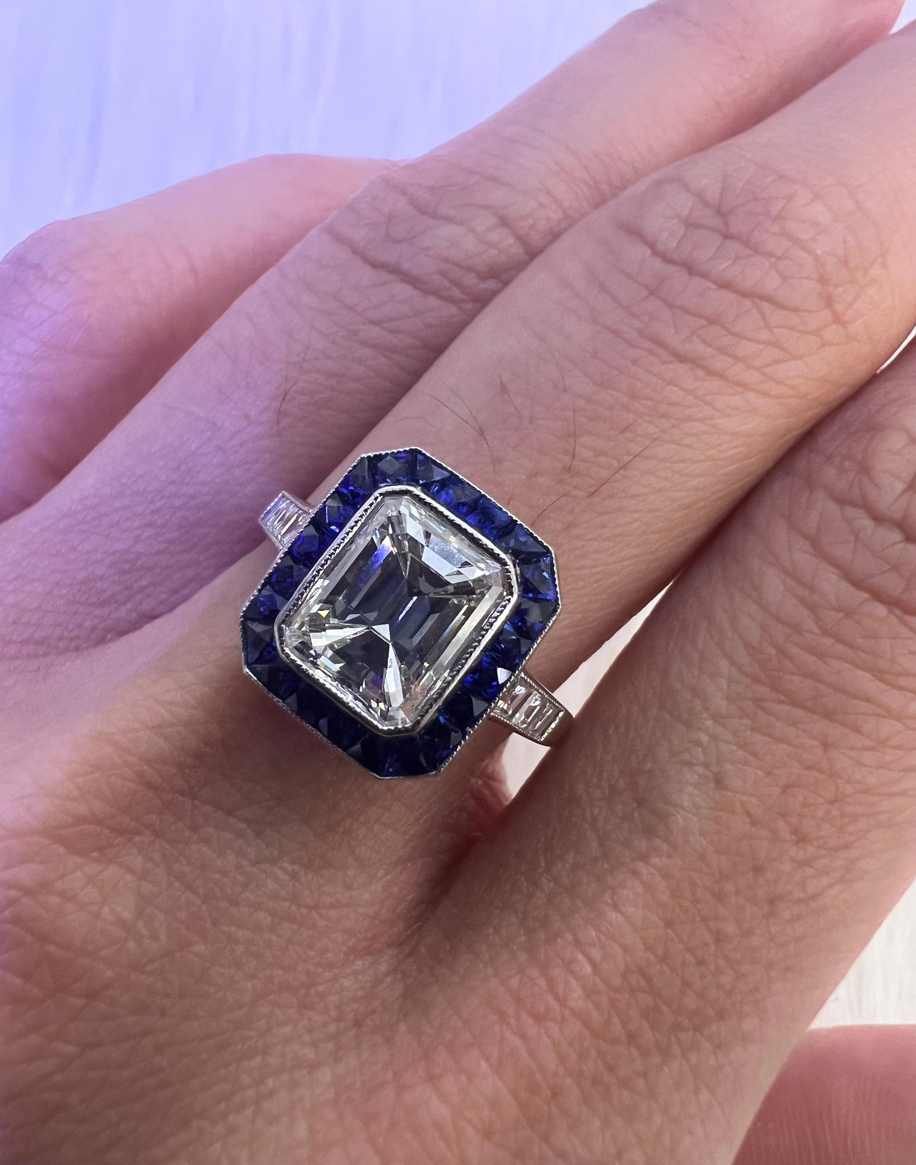 Sophia D. 2.03 Carat Emerald Cut Diamond and Sapphire Art Deco Platinum Ring For Sale 1