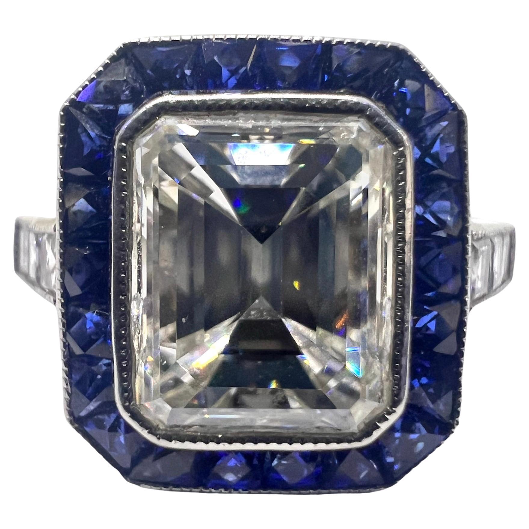 Sophia D. 2.03 Carat Emerald Cut Diamond and Sapphire Art Deco Platinum Ring