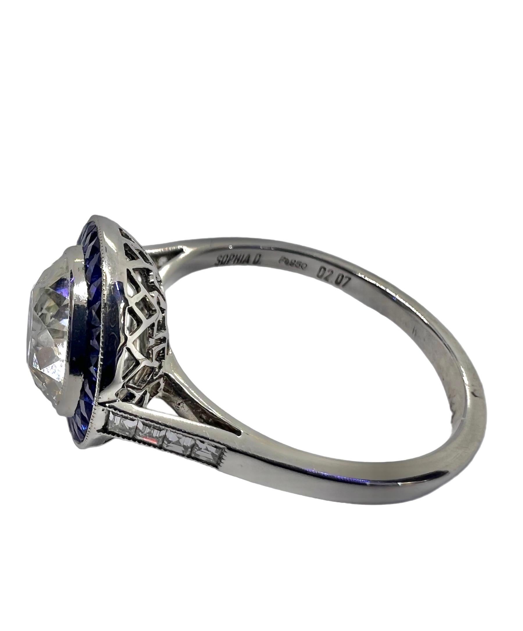Round Cut Sophia D. 2.07 Carat Diamond and Blue Sapphire Art Deco Ring For Sale