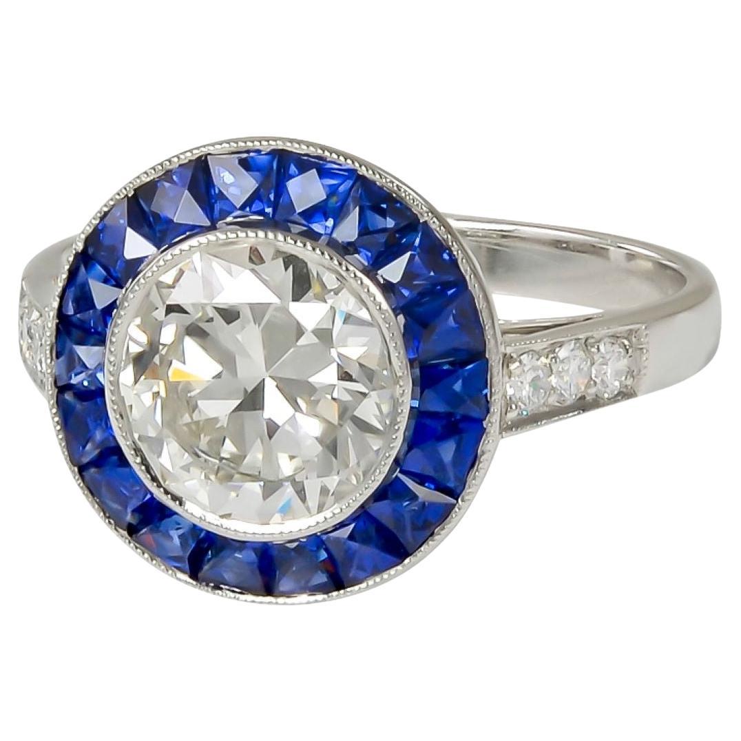 Sophia D. 2.07 Carat Diamond and Blue Sapphire Art Deco Ring For Sale