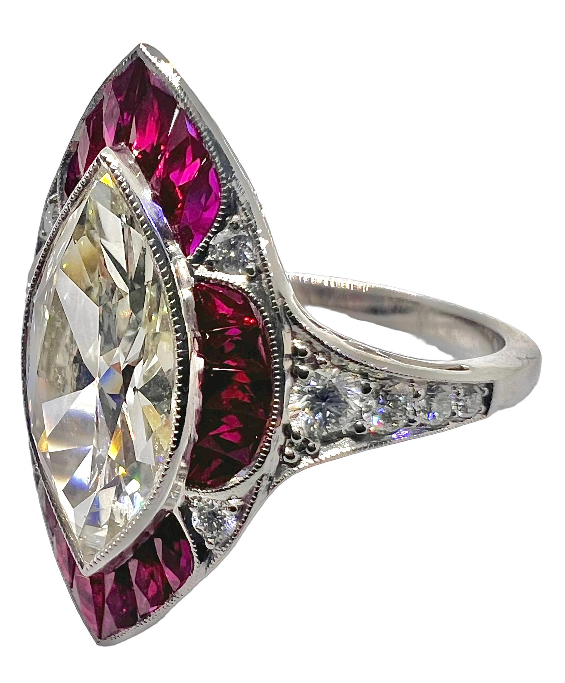 An Art Deco style ring set in platinum with 2.09 carats of marquise diamond, 0.85 carats of rubies and 0.21 carats of diamonds.

Sophia D by Joseph Dardashti LTD has been known worldwide for 35 years and are inspired by classic Art Deco design that
