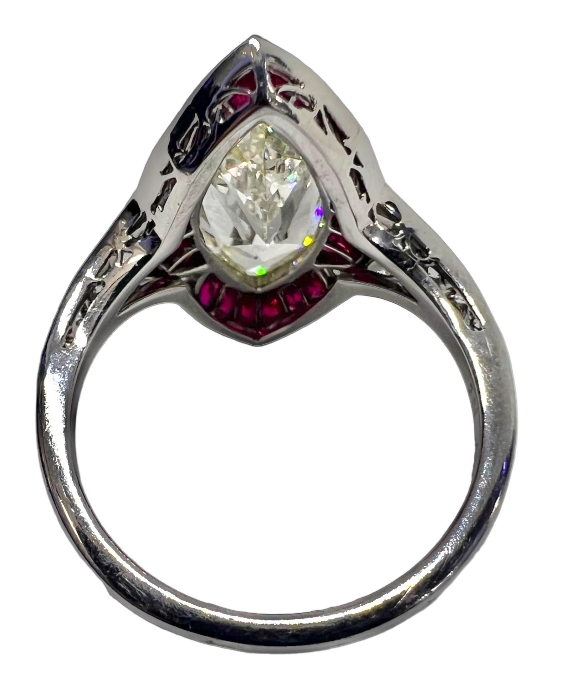 Art Deco Sophia D. 2.09 Carat Marquise Diamond & Ruby Platinum Ring For Sale