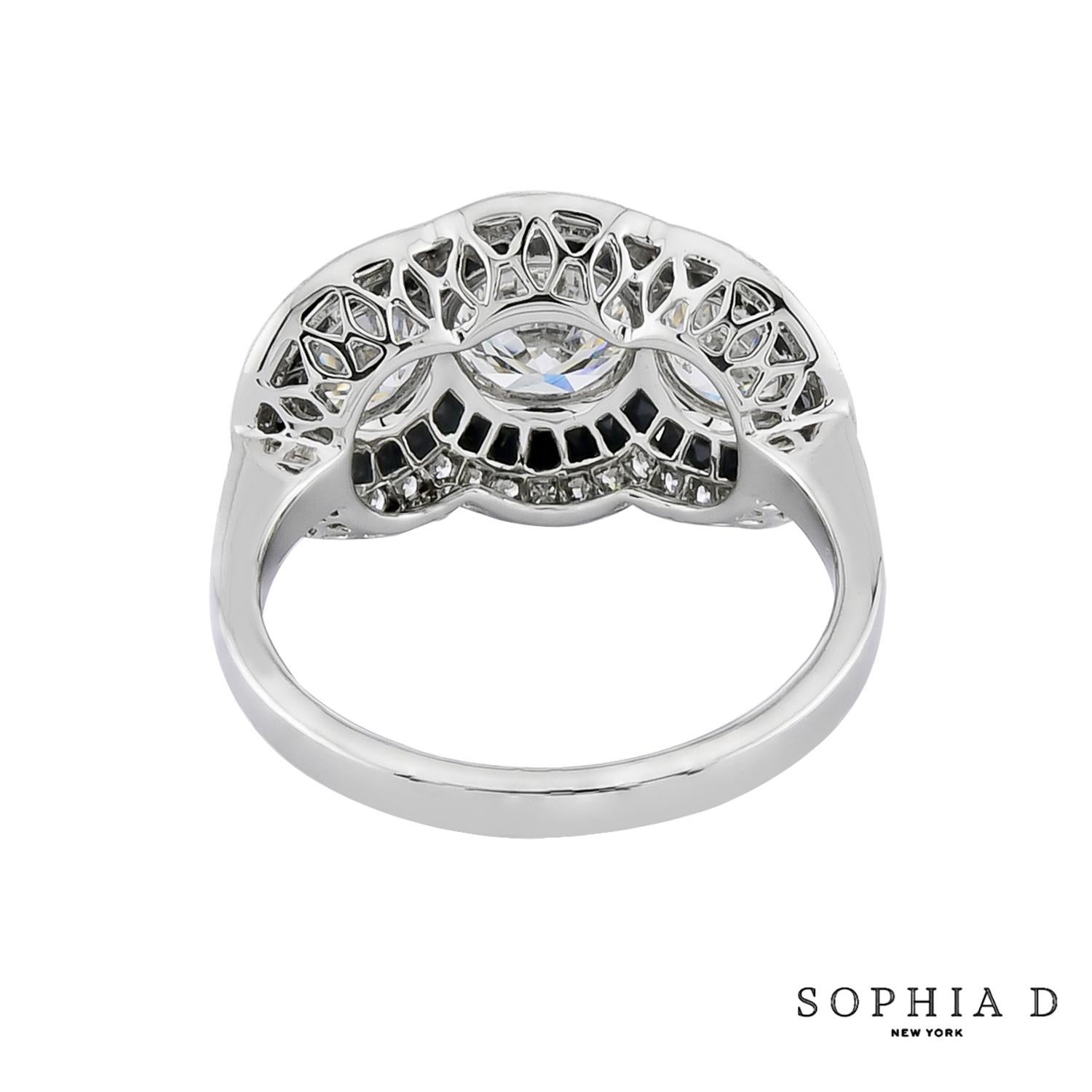 Taille ronde Sophia D. A Stone, bague à trois pierres de 2,11 carats en diamant et onyx en vente