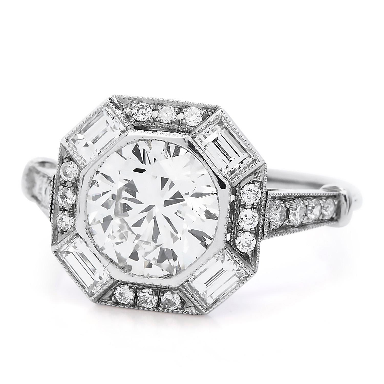 A Geometric octagonal top, a classic Art Deco design, 

This mounting is made by the Designer Sophia D, in luxurious platinum.

Centered by a genuine Diamond of approx. 1.88 carat,  G-H Color & Clarity. this exquisite center stone is surrounded by a