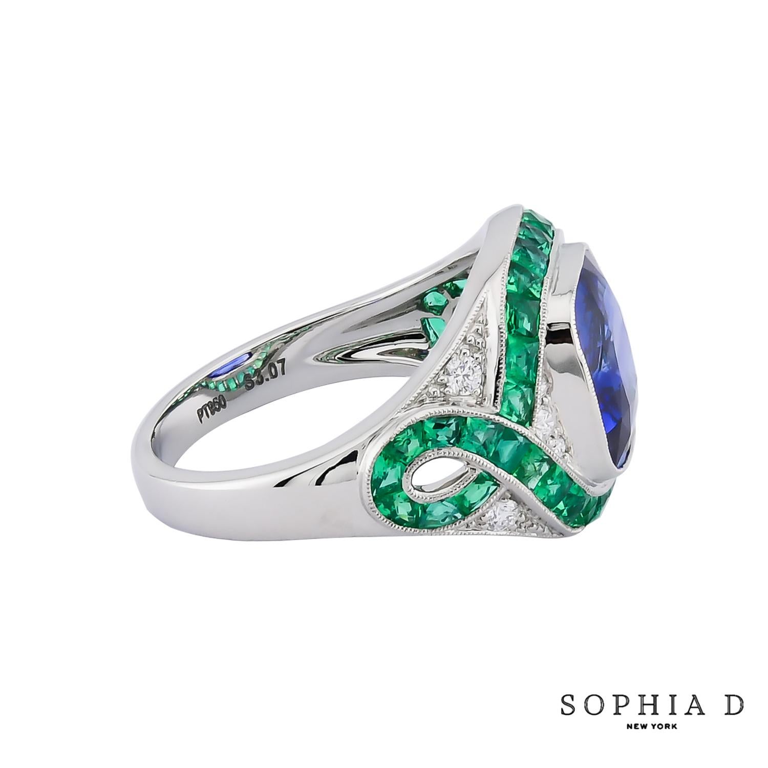 An art deco style ring created by Sophia D featuring a 3.07 carat cushion blue sapphire center stone accented with 1.01 carat emeralds and 0.13 carat diamonds. Set in platinum. 

Sophia D has been known world-wide for over 40 years because of its