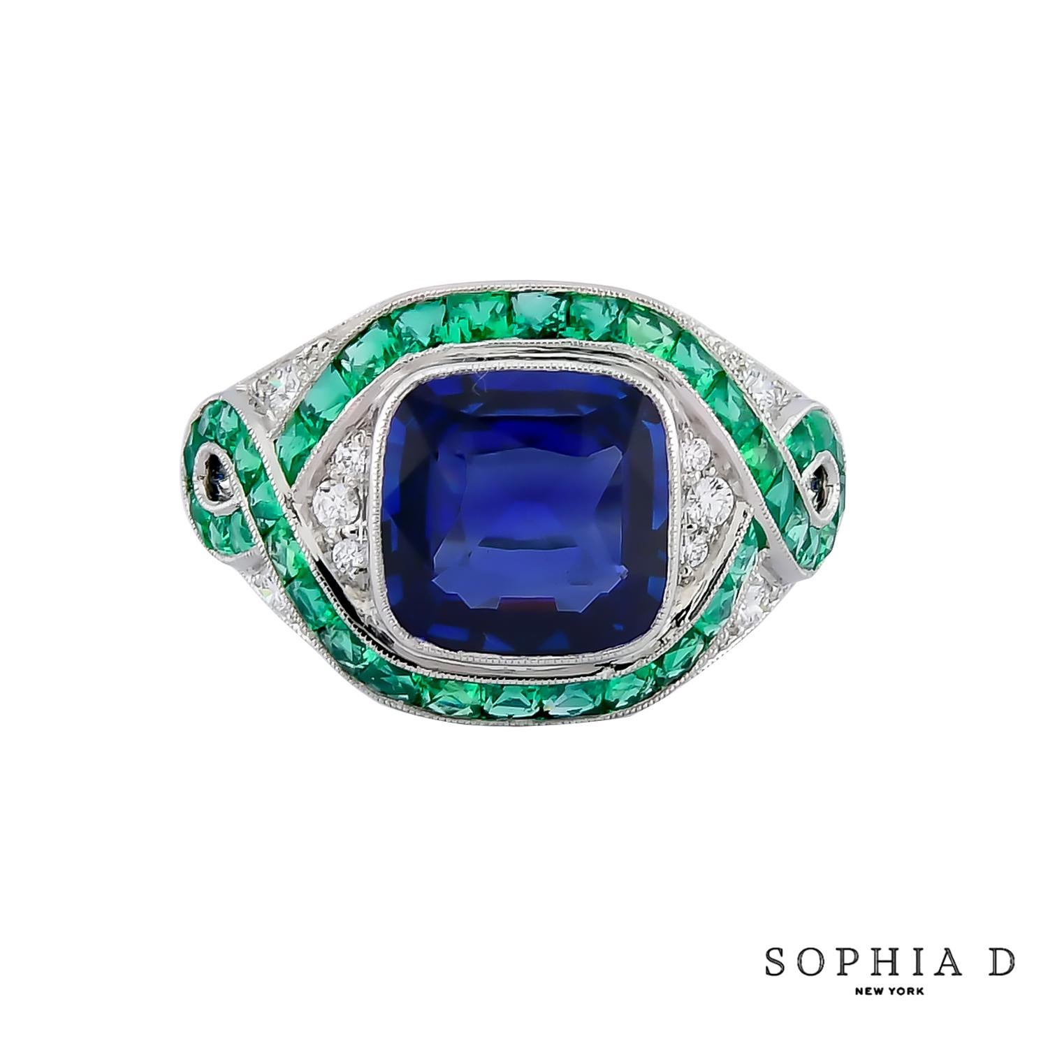 Sophia D. 3.07 Carat Blue Sapphire and Emerald Art Deco Style Ring In New Condition For Sale In New York, NY
