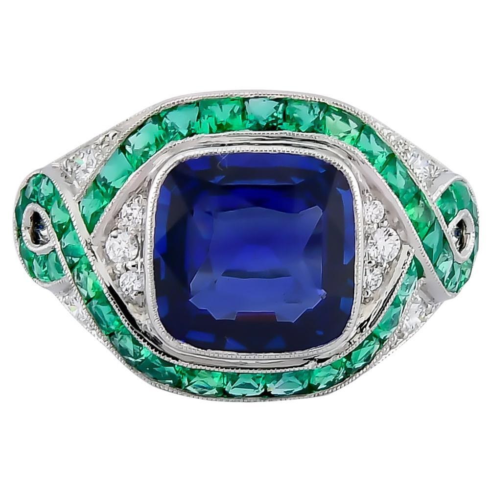 Sophia D. 3.07 Carat Blue Sapphire and Emerald Art Deco Style Ring For Sale