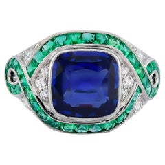 Sophia D. 3,07 Karat Blauer Saphir und Smaragd Art Deco Stil Ring