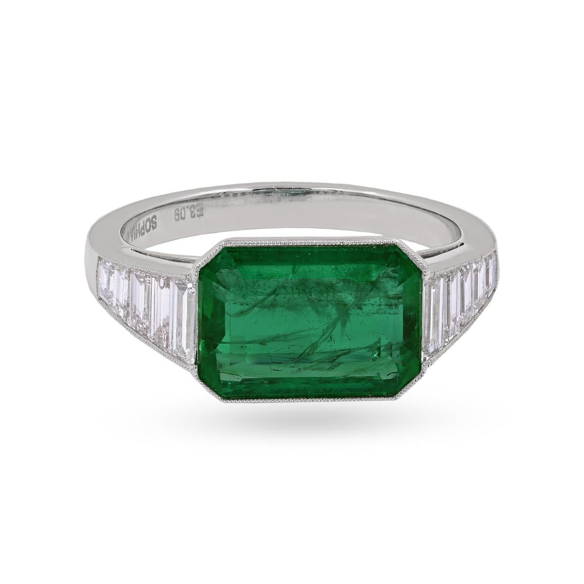 This Sophia D ring features a  3.09-carat emerald set in platinum. Accentuating the emerald are tapered baguette cut diamonds totaling 0.70 carats, which enhance the ring’s elegance and sophistication.

Details:

Center Stone: Emerald, 3.09