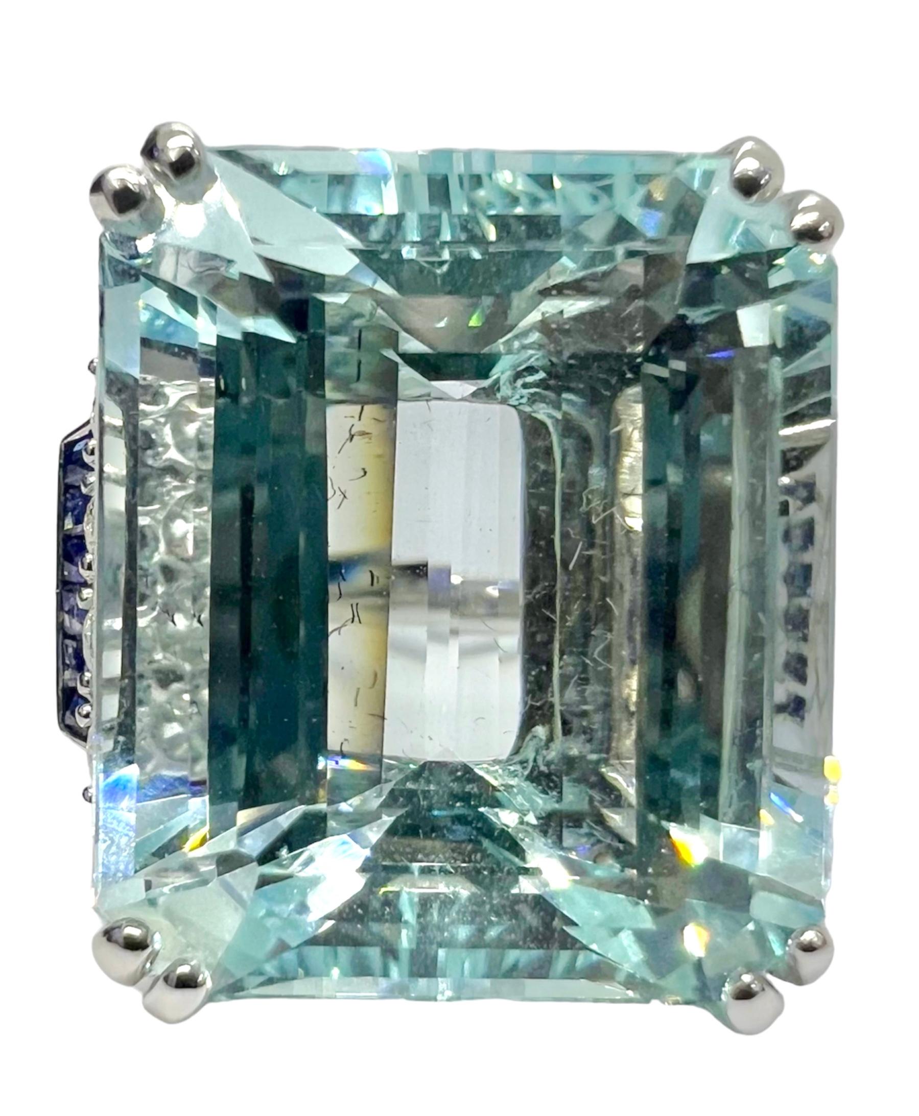 18K white gold ring with 30.93 carat aquamarine, 0.68 carat diamond and 0.69 carat sapphire. 

Sophia D by Joseph Dardashti LTD has been known worldwide for 35 years and are inspired by classic Art Deco design that merges with modern manufacturing
