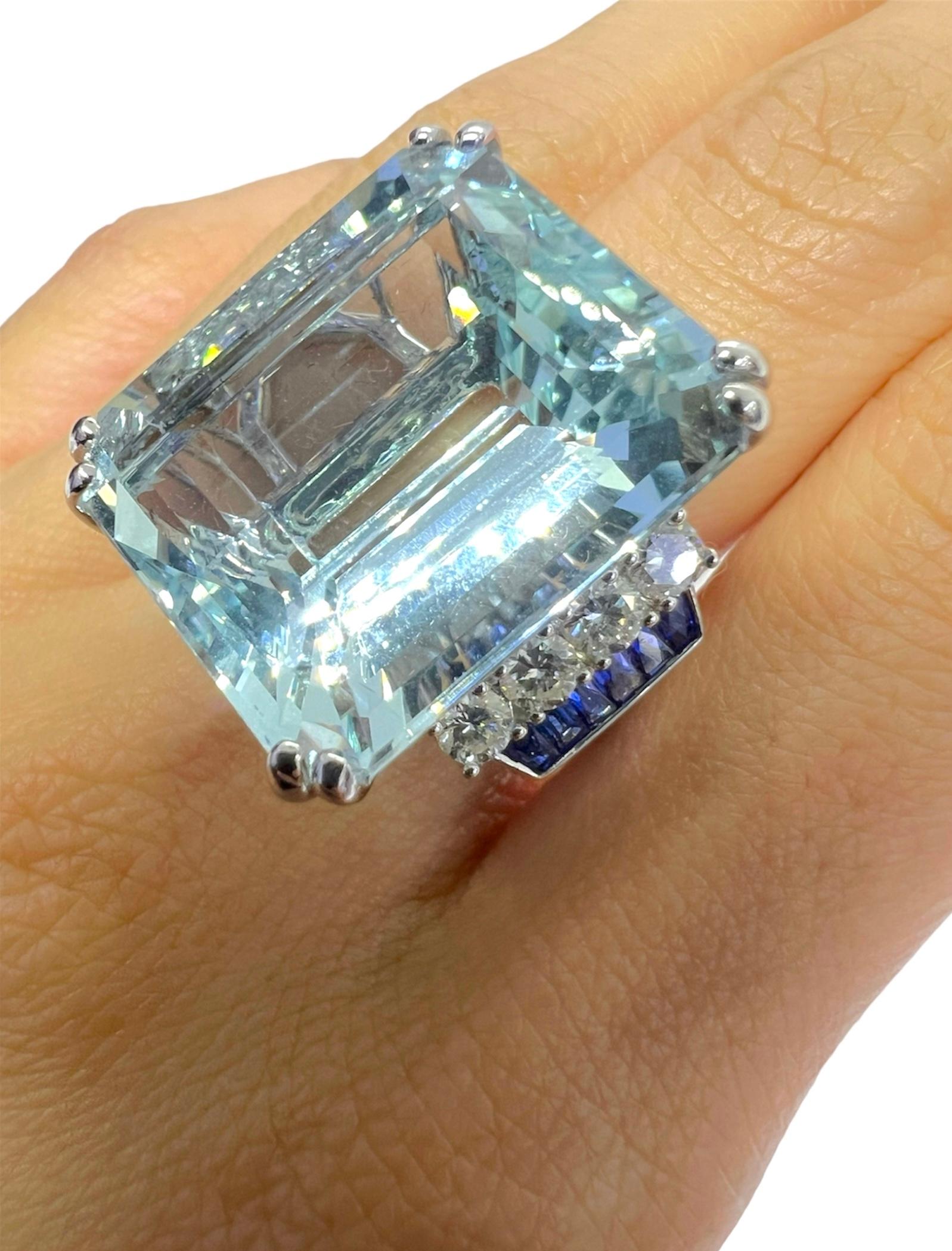 18K white gold ring with 30.93 carat aquamarine, 0.68 carat diamond and 0.69 carat sapphire. 

Sophia D by Joseph Dardashti LTD has been known worldwide for 35 years and are inspired by classic Art Deco design that merges with modern manufacturing