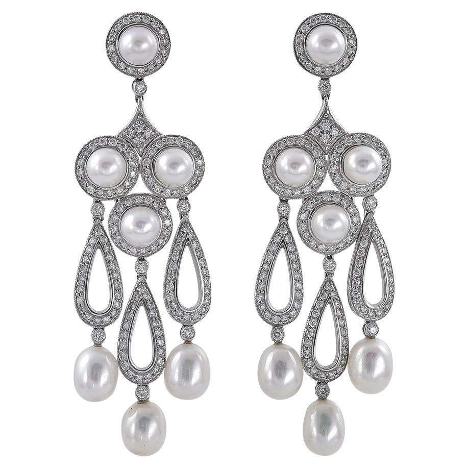 Sophia D. 3.13 Carat Diamond and Pearl Chandelier Earrings For Sale