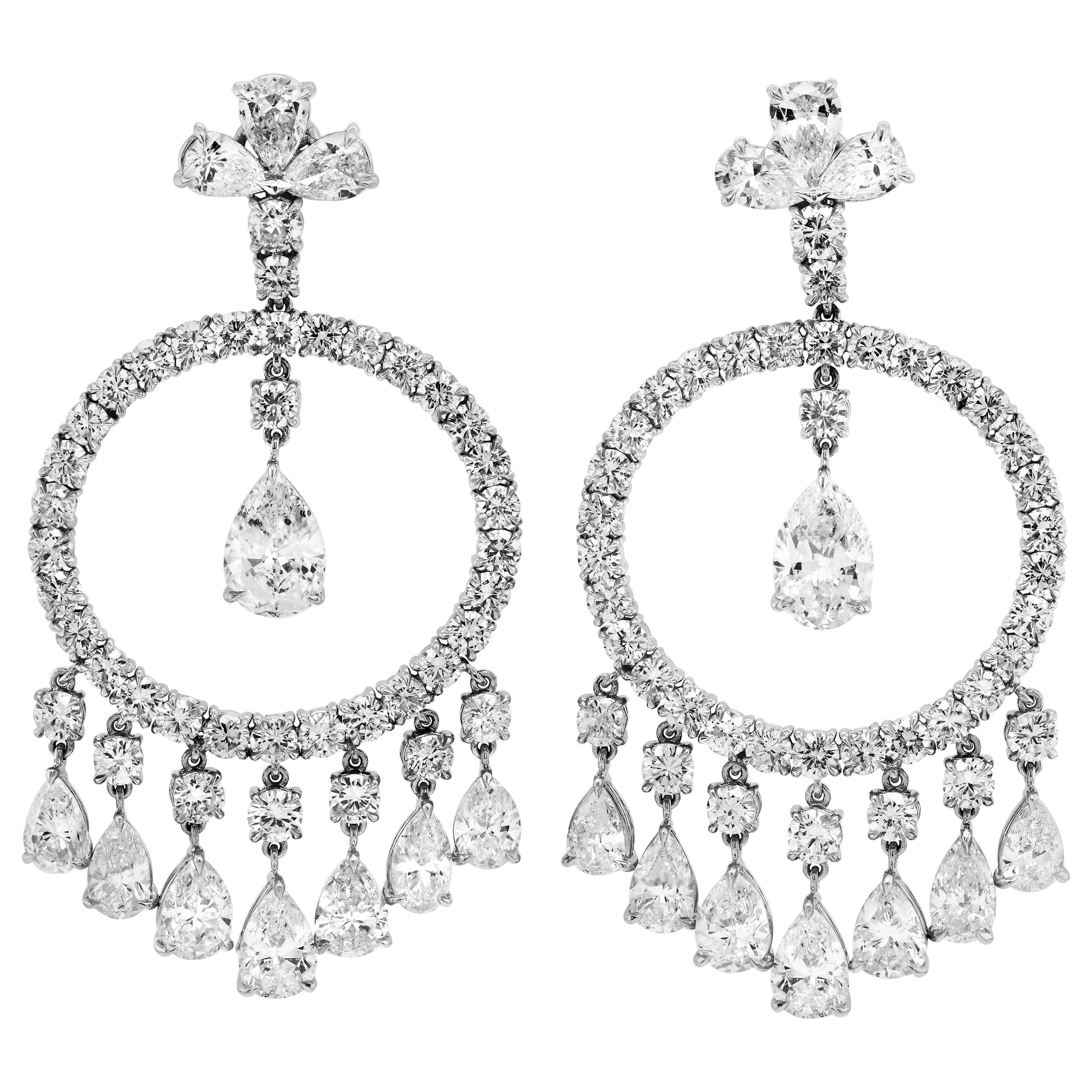 Sophia D 31.66 Carat Pear Shape Round Diamond Platinum Large Chandelier Earrings