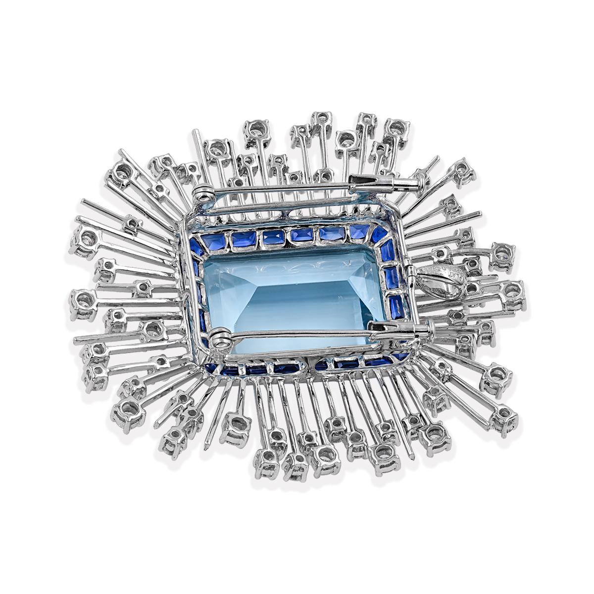 Baguette Cut Sophia D, 35.03 Carat Aquamarine and Sapphire Platinum Brooch