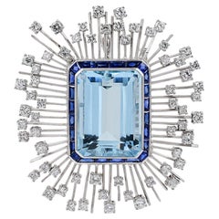 Sophia D, 35.03 Carat Aquamarine and Sapphire Platinum Brooch