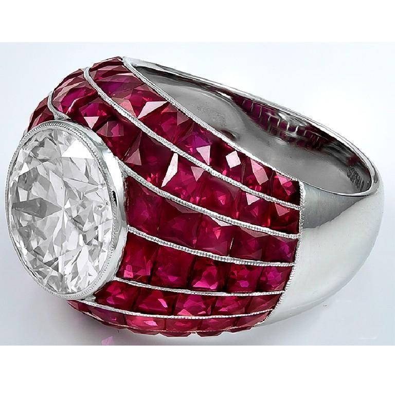 Round Cut Sophia D. 3.82 Carat Diamond and Ruby Bombe Ring set in Platinum