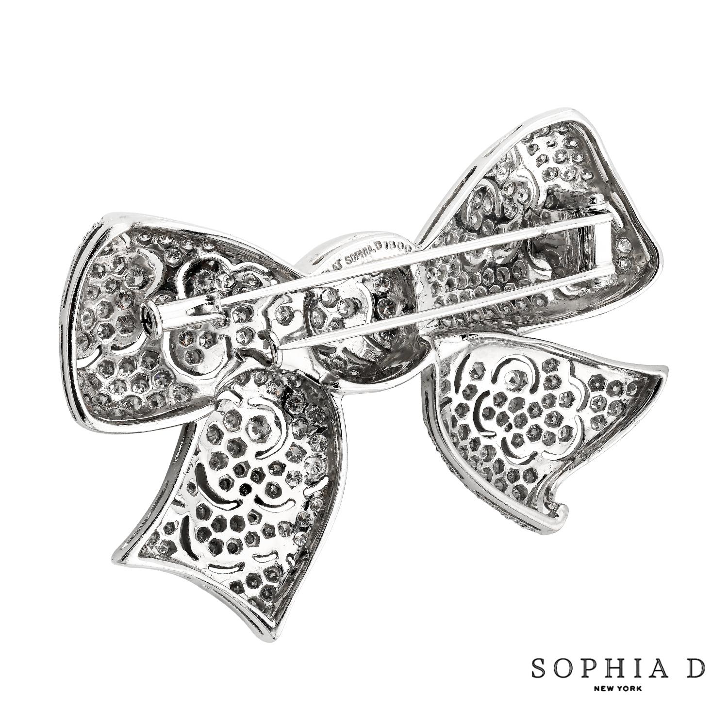 Rough Cut Sophia D 4.16 Carat Bow Tie Design All Diamond Platinum Brooch For Sale