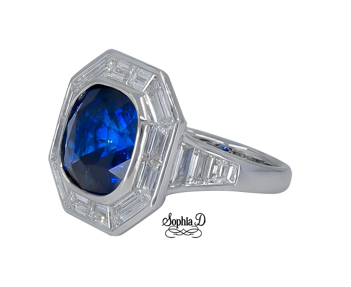 Cushion Cut Sophia D. 4.51 Carat Blue Sapphire and Diamond Art Deco Platinum Ring  For Sale