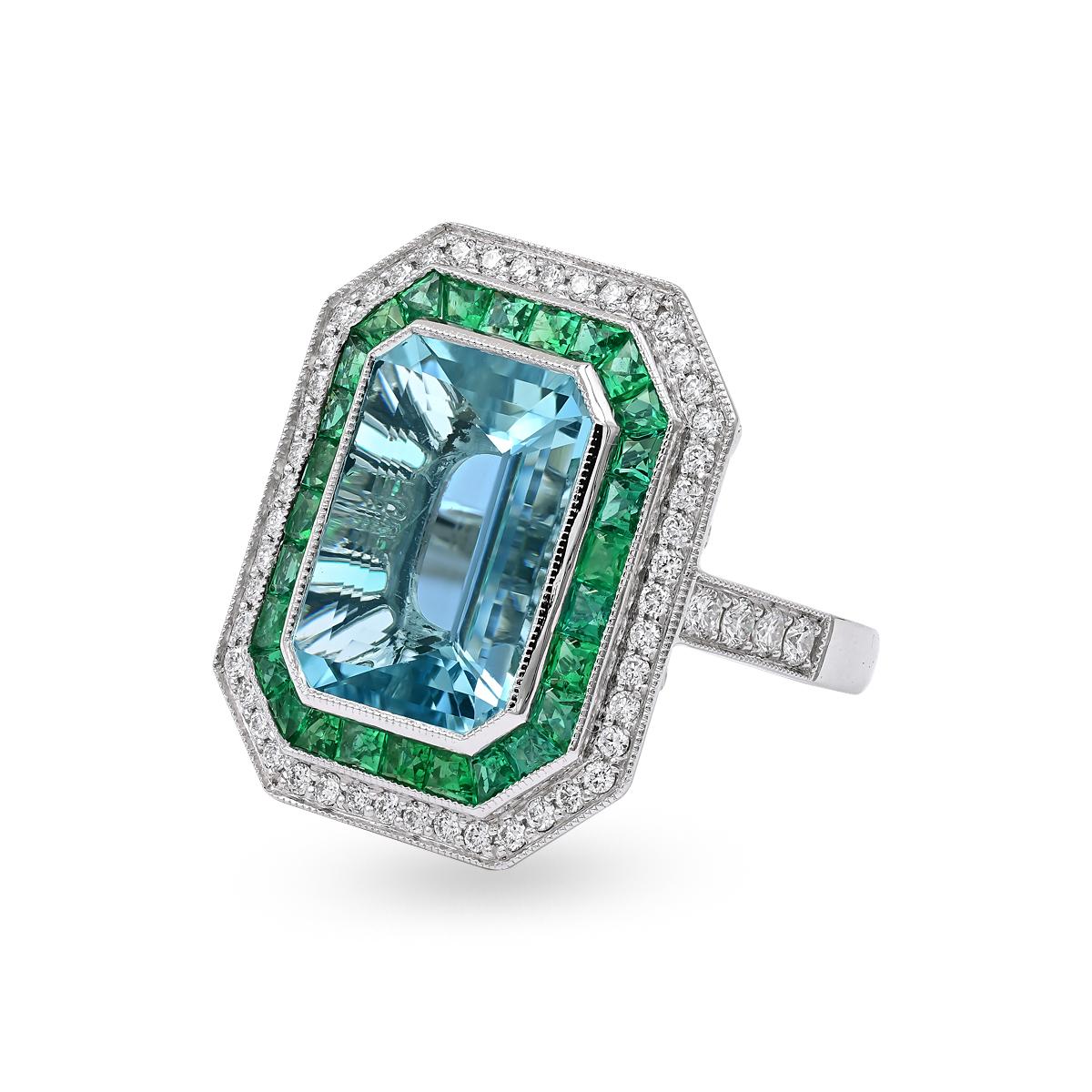 An art deco inspired multi-colored stone platinum ring that features a 5.46 carat Aquamarine, 0.58 Carat Diamond and 1.08 Carat Emerald.

Sophia D has been known world-wide for over 40 years because of its rich history of design and quality