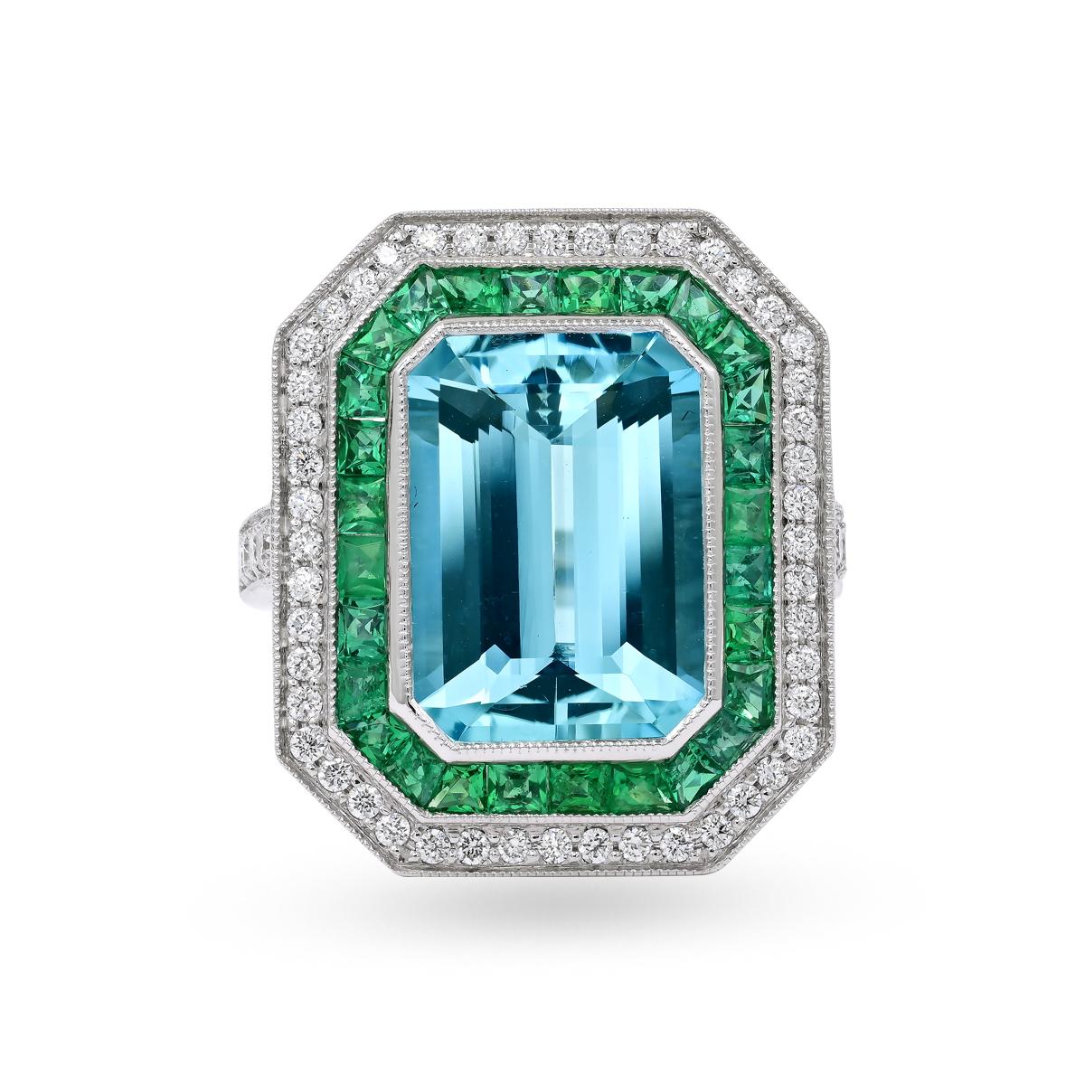 Emerald Cut Sophia D. 5.46 Carat Aquamarine and Emerald Ring