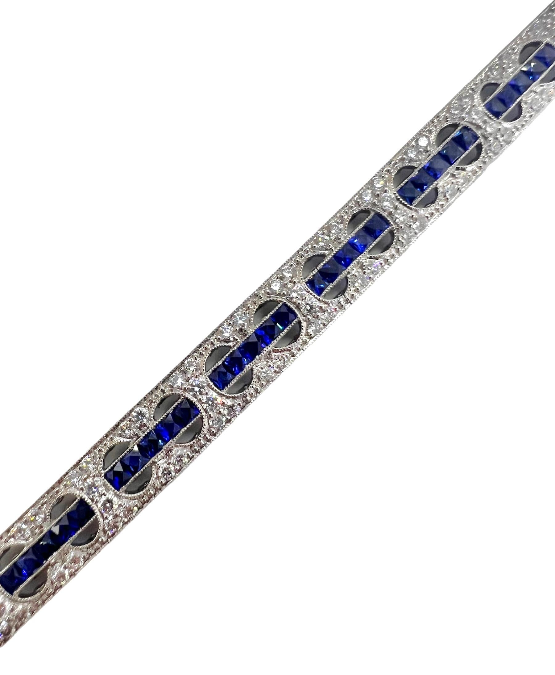 Sophia D. Von Art Deco inspiriertes Armband mit 2,19 Karat Diamant und 5,60 Karat blauem Saphir in Platinfassung. 

Sophia D von Joseph Dardashti LTD ist seit 35 Jahren weltweit bekannt und lässt sich vom klassischen Art-Déco-Design inspirieren, das