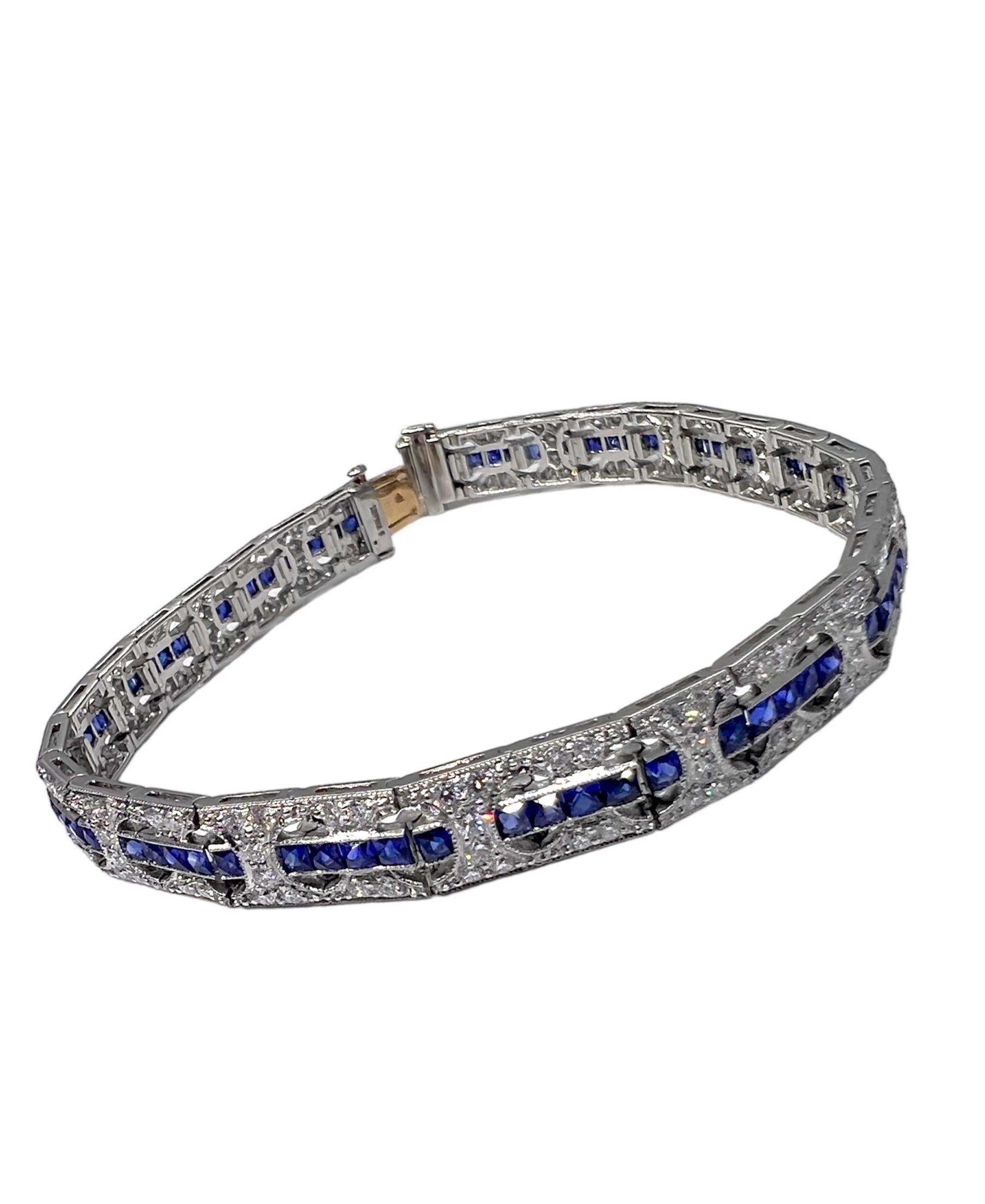 Sophia  Art-déco-Armband mit 5,60 Karat blauem Saphir und Diamant (Carréeschliff) im Angebot