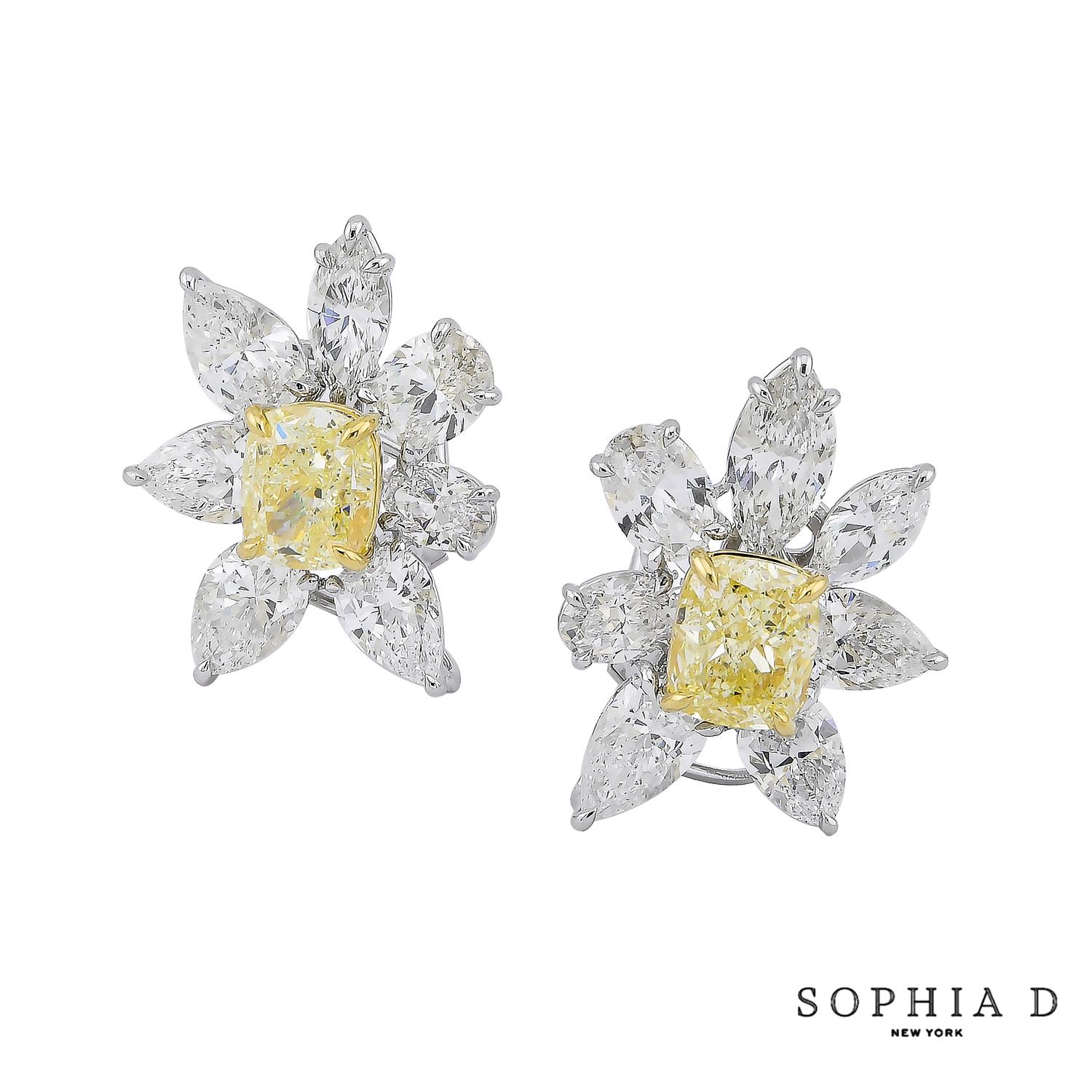Cushion Cut Sophia D 6.00 Carat Yellow Diamond and White Diamond Cluster Earrings For Sale
