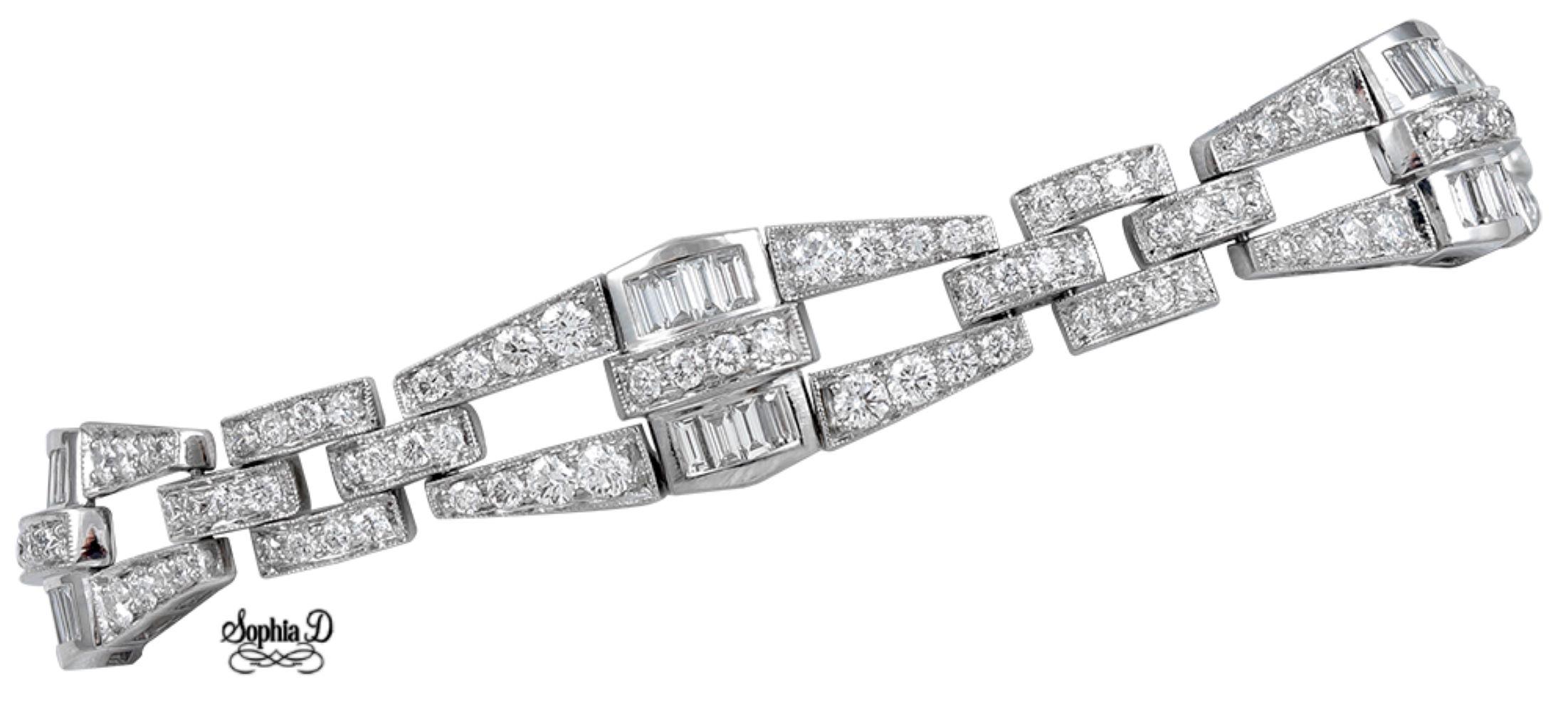 An Art Deco inspired platinum bracelet by Sophia D with 6.18 carats of diamond.

Sophia D by Joseph Dardashti LTD has been known worldwide for 35 years and are inspired by classic Art Deco design that merges with modern manufacturing techniques. 