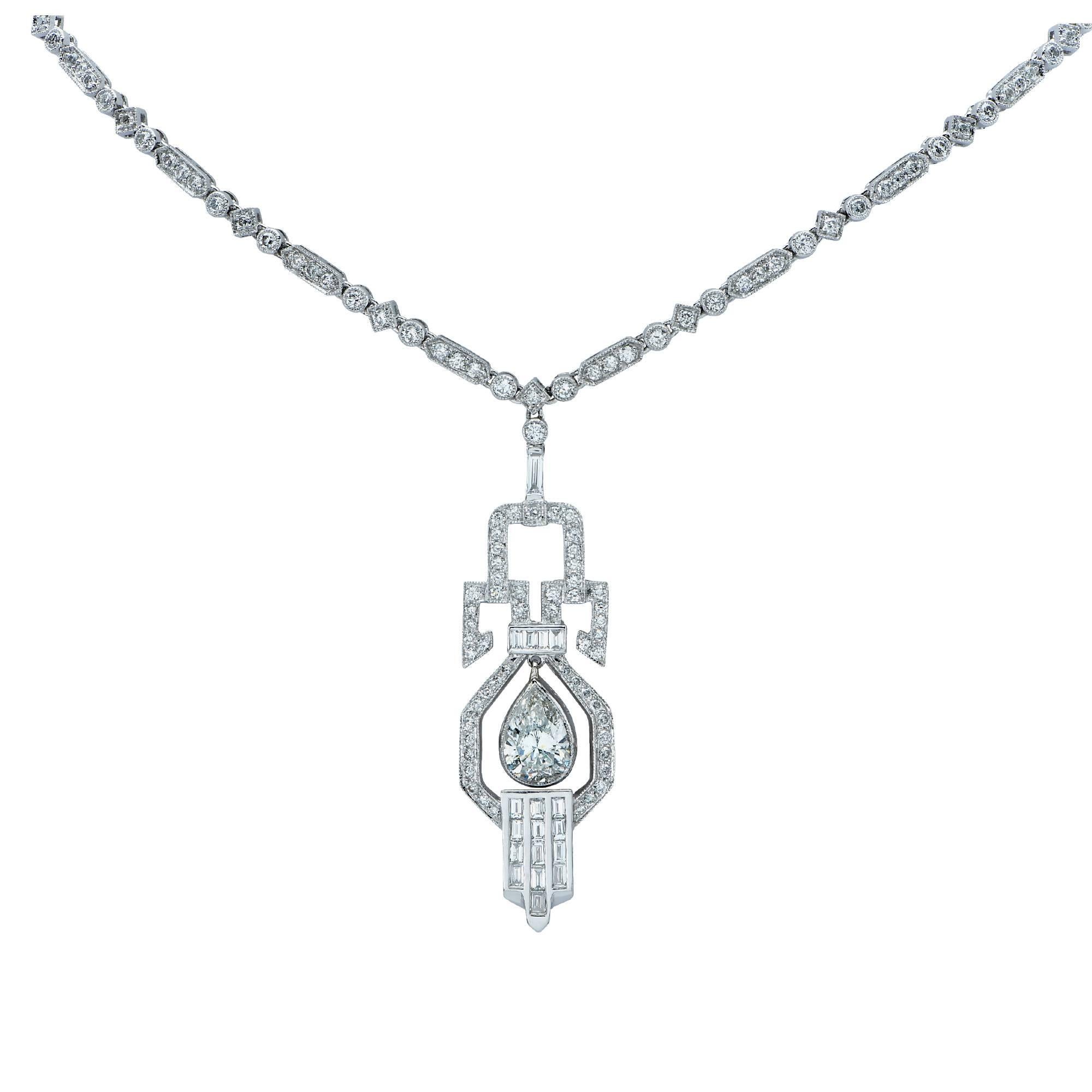 This spectacular necklace crafted in platinum by Sophia D, boasts a brilliant cut pear shape diamond weighing approximately 2cts, I color SI clarity, accented by 218 round brilliant cut and baguette cut diamonds weighing approximately 4.5cts total,