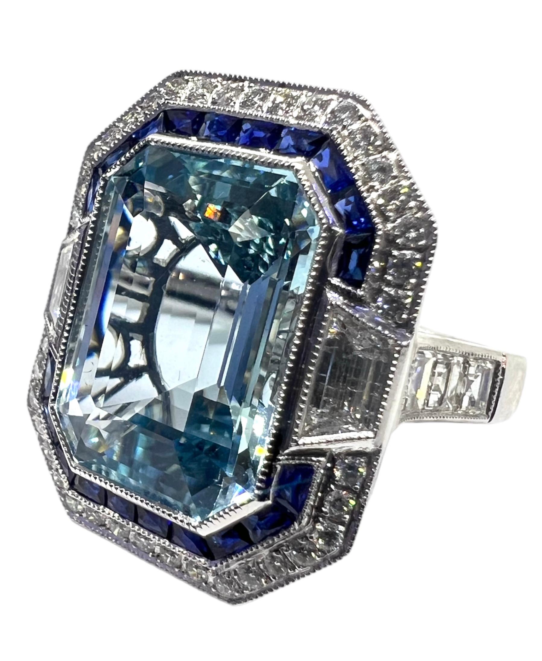 Platinum ring with 8.52 carat aquamarine, 0.60 carat sapphire and 1.04 carat diamond. 

Sophia D by Joseph Dardashti LTD has been known worldwide for 35 years and are inspired by classic Art Deco design that merges with modern manufacturing