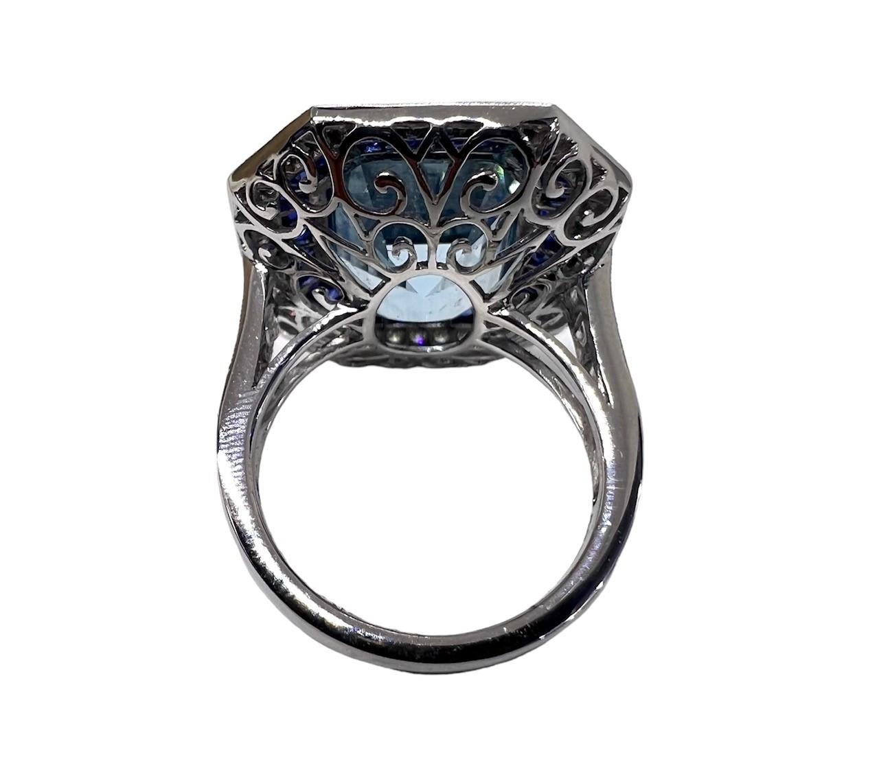 Platinum ring by Sophia D with 9.20 carats of aquamarine center stone accented by blue sapphires weighing 1.27 carats and 1.20 carats of diamonds.

Sophia D by Joseph Dardashti LTD has been known worldwide for 35 years and are inspired by classic