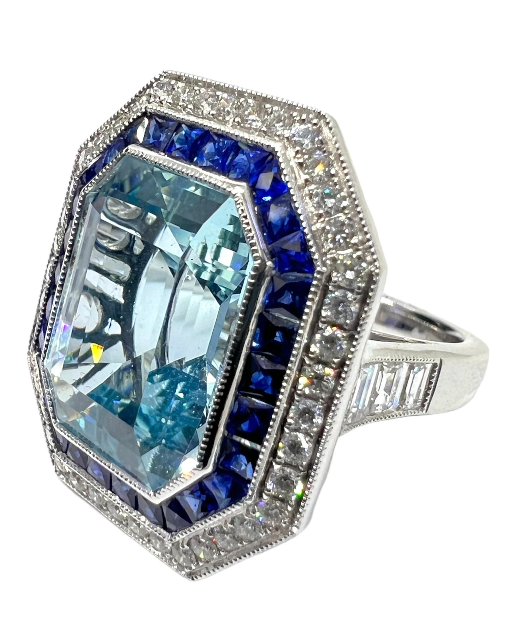 Platinum ring with 9.20 carat aquamarine, 1.20 carat diamond and 1.27 carat sapphire.

Sophia D by Joseph Dardashti LTD has been known worldwide for 35 years and are inspired by classic Art Deco design that merges with modern manufacturing