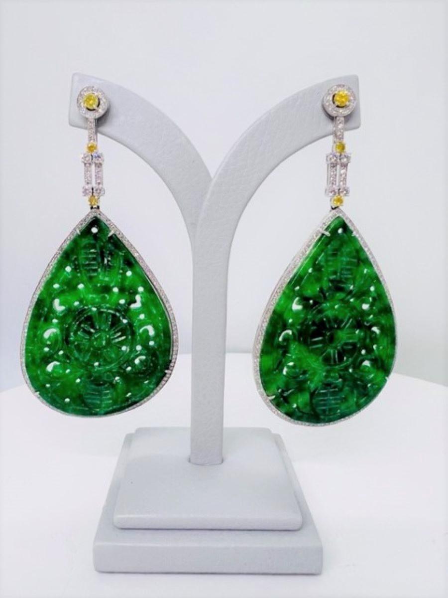 Round Cut Sophia D. 97.12 Carat Jade and Diamond Earrings  For Sale
