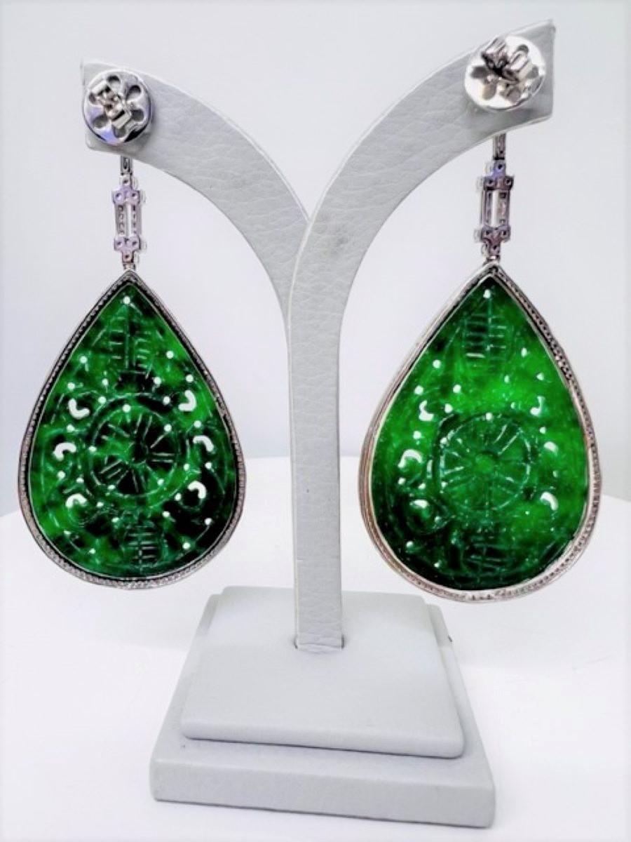 Women's or Men's Sophia D. 97.12 Carat Jade and Diamond Earrings  For Sale
