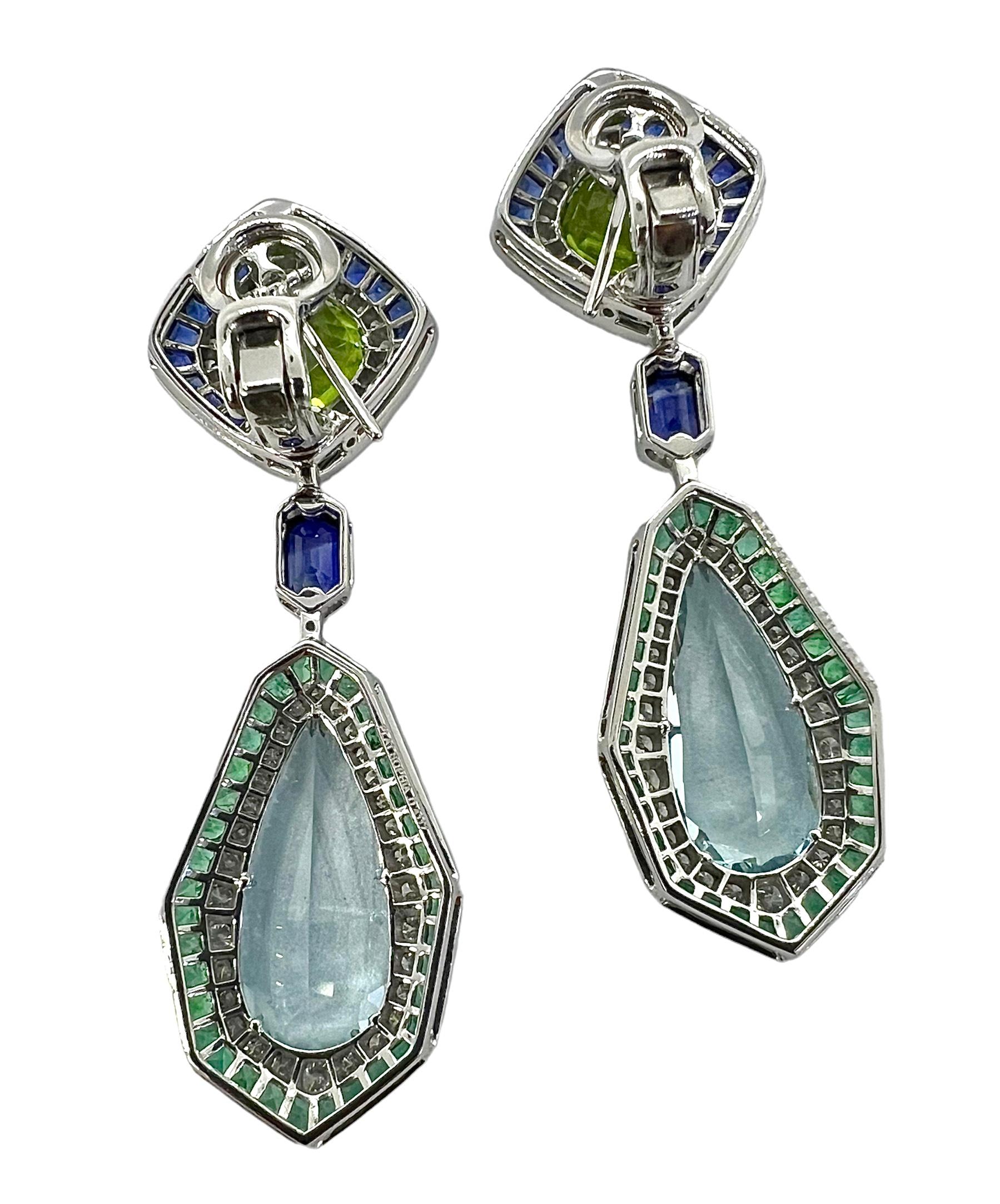 Pear Cut Sophia D. Aquamarine, Peridot, Blue Sapphire and Diamond Platinum Earrings For Sale